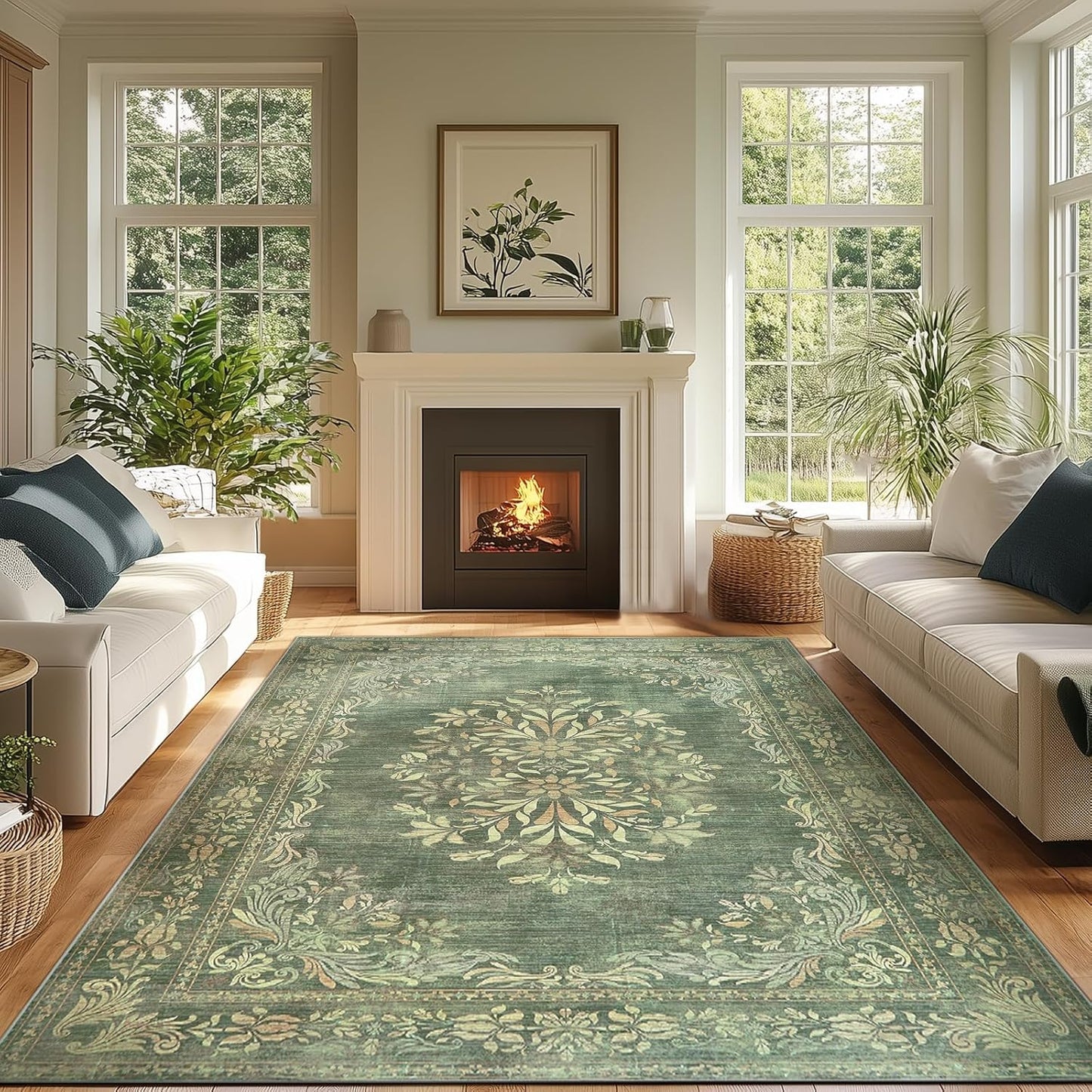 jinchan Floral 6x9 Green Area Rugs for Living Room - Machine Washable Vintage Distressed Design Soft Throw Rug Non-Slip Large Carpet for Bedroom Dining Room Home Office Nursery (6x9ft,Dark Green)