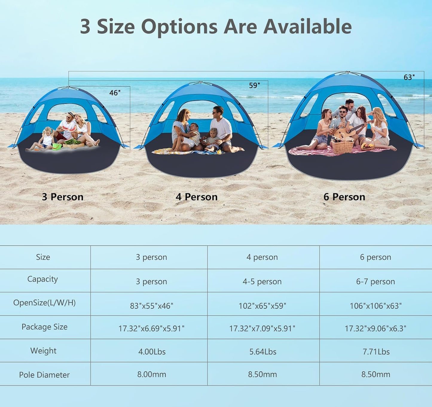 NXONE Beach Tent Sun Shade Shelter for 3/4/6 Person Person with UV Protection, Extended Floor, 3 Mesh Roll Up Windows & 8.0/8.5mm Fiberglass Rods丨Carry Bag Included