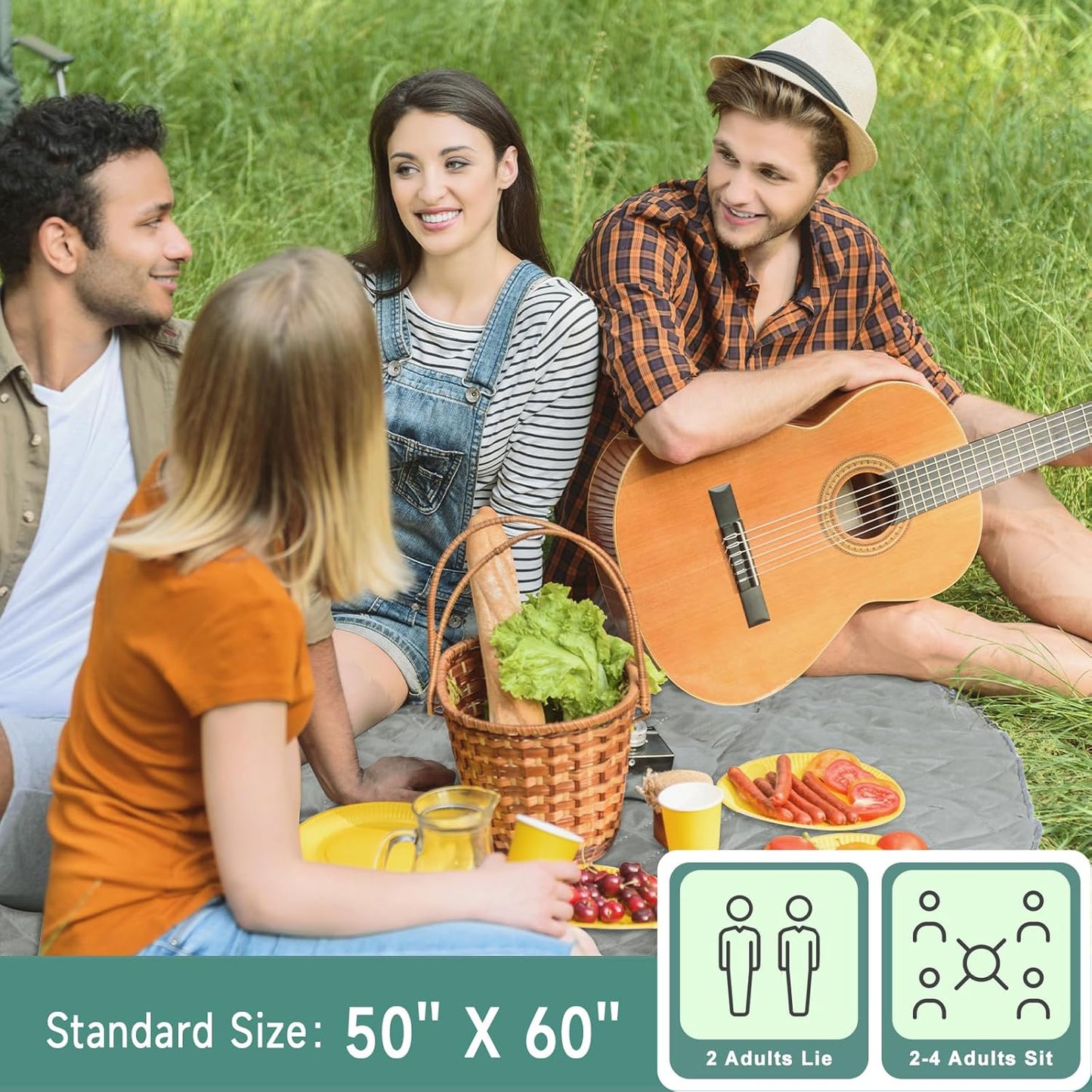 Waterproof Picnic Blanket, Lightweight 50” x 60” Foldable Sandproof Beach Blanket with Large Pocket, Portable Outdoor Camping Blanket Great Couples Gift Ideas, Gray Wavy