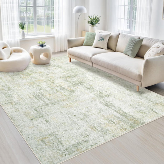 Area Rugs 6x9 Living Room: Washable Rug Modern Abstract Large Rugs Soft Non Slip Neutral Rug Stain Resistant Indoor Carpet for Bedroom Kitchen Dining Room Nursery Home Office Rugs(Green Brown,6'x9')