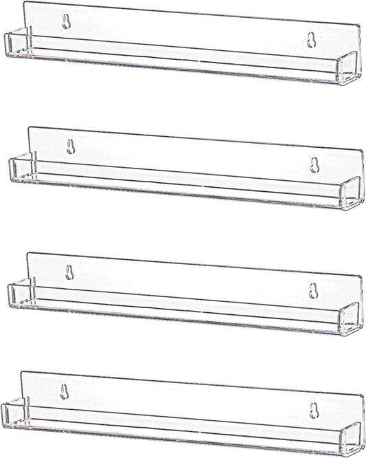 IEEK 4 PCS Floating Invisible Kids Bookshelf Wall Mounted Nail Polish Rack,Clear Acrylic Picture Ledge Vinyl Record Display Shelf Nail Polish Holder with Removable Anti-Slip End Inserts,15 inch