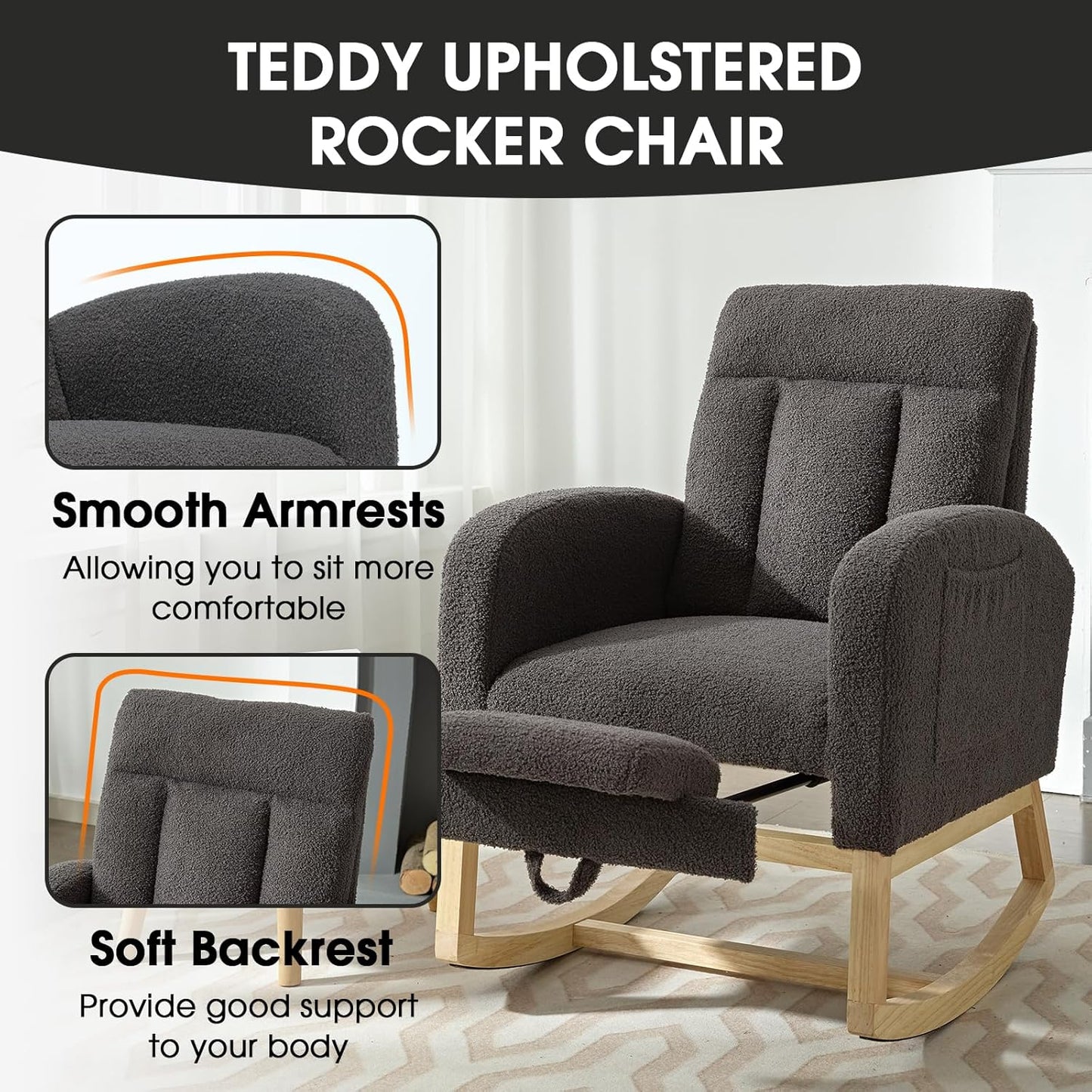 NIOIIKIT Modern Nursery Rocking Chair, Teddy Upholstered Rocking Chair with Footrest, Comfortable Rocker Recliner with Side Pocket, Glider Rocker for Living Room, Bedroom, Nursing Room (Dark Grey)
