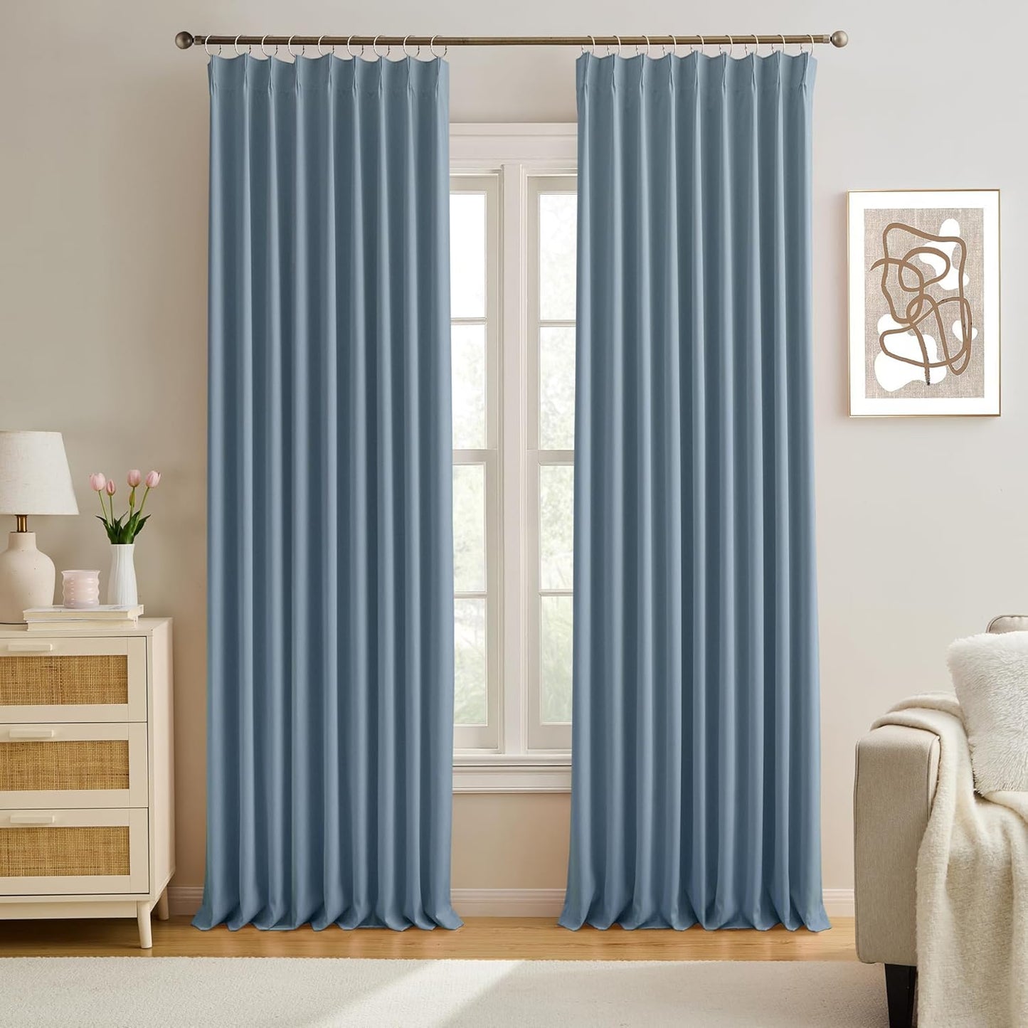 KEQIAOSUOCAI 2 PCs Dusty Blue Pleat Wide Drapes for Sliding Glass Door 60 Wide x 102 Inch Long, Privacy Light Block Noise Reduce Insulated Ceiling to Floor for Locker Room Basement Bedroom Closet