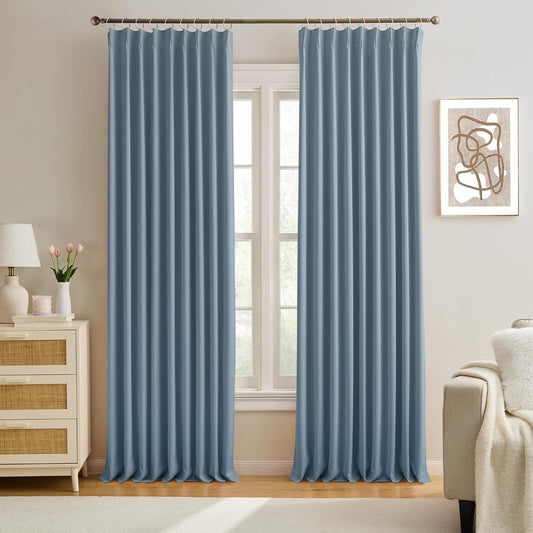 KEQIAOSUOCAI 2 PCs Dusty Blue Pleat Wide Drapes for Sliding Glass Door 60 Wide x 102 Inch Long, Privacy Light Block Noise Reduce Insulated Ceiling to Floor for Locker Room Basement Bedroom Closet