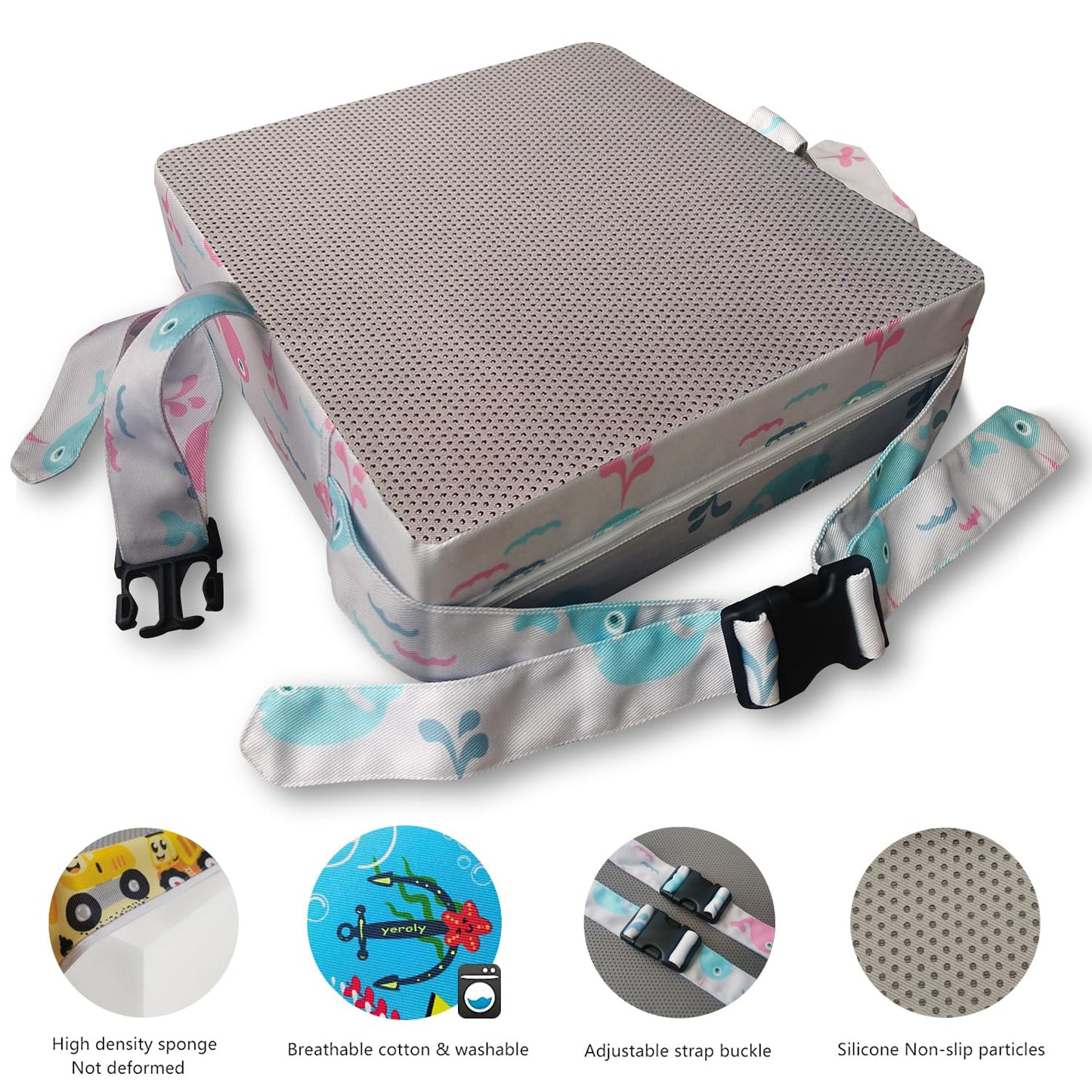 Toddler Booster Seat for Dining Table,4 Inches Washable Double Safer Straps Non-Slip Bottom Booster Seat Dining for Kids, Portable Travel High Density Sponge Detachable Increasing Cushion for Child.