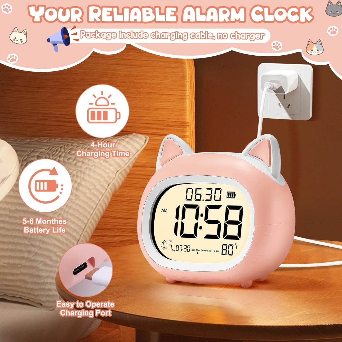 Kids Alarm Clock with Night Light for Kids, Small Digital Alarm Clocks for Bedrooms, Routine Builder, Cute Cat Alarm Clock with Sleep Training, Snooze, 12/24H, Date & Day, Temperature, USB Port