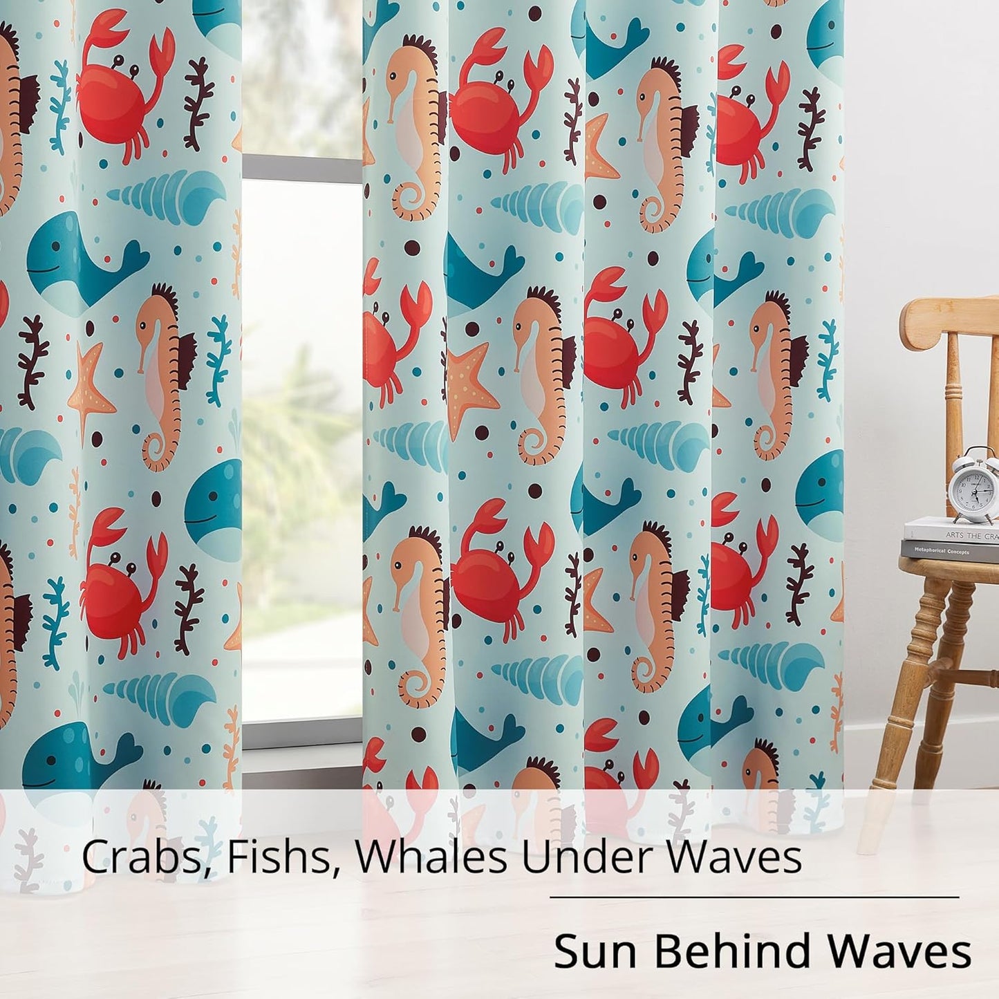 Kids Blackout Curtains - Ocean Whale Design, 100% Blackout, 2 Panels, Each W52×L63, Thermal Insulated for Bedroom, Noise Reducing, Excellent Colorfastness, Dive into an Underwater Adventure