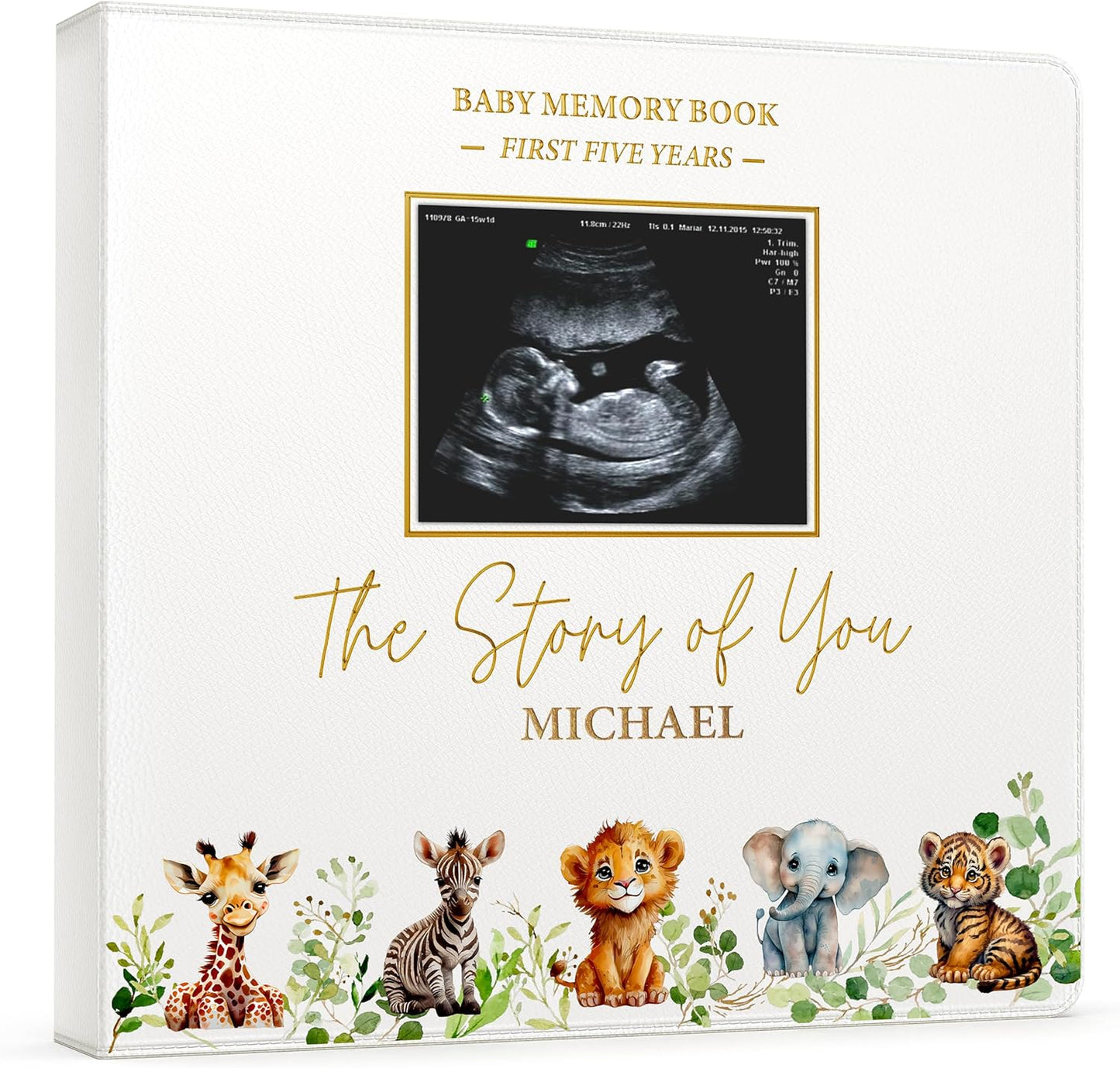 Personalized Faux Leather Baby Memory Book Keepsake for Boy or Girl - Enter any Name w/Gold Foil Stamp for Special Touch I First 5 Year I Gender Neutral, Safari Theme - Baby First Year Book