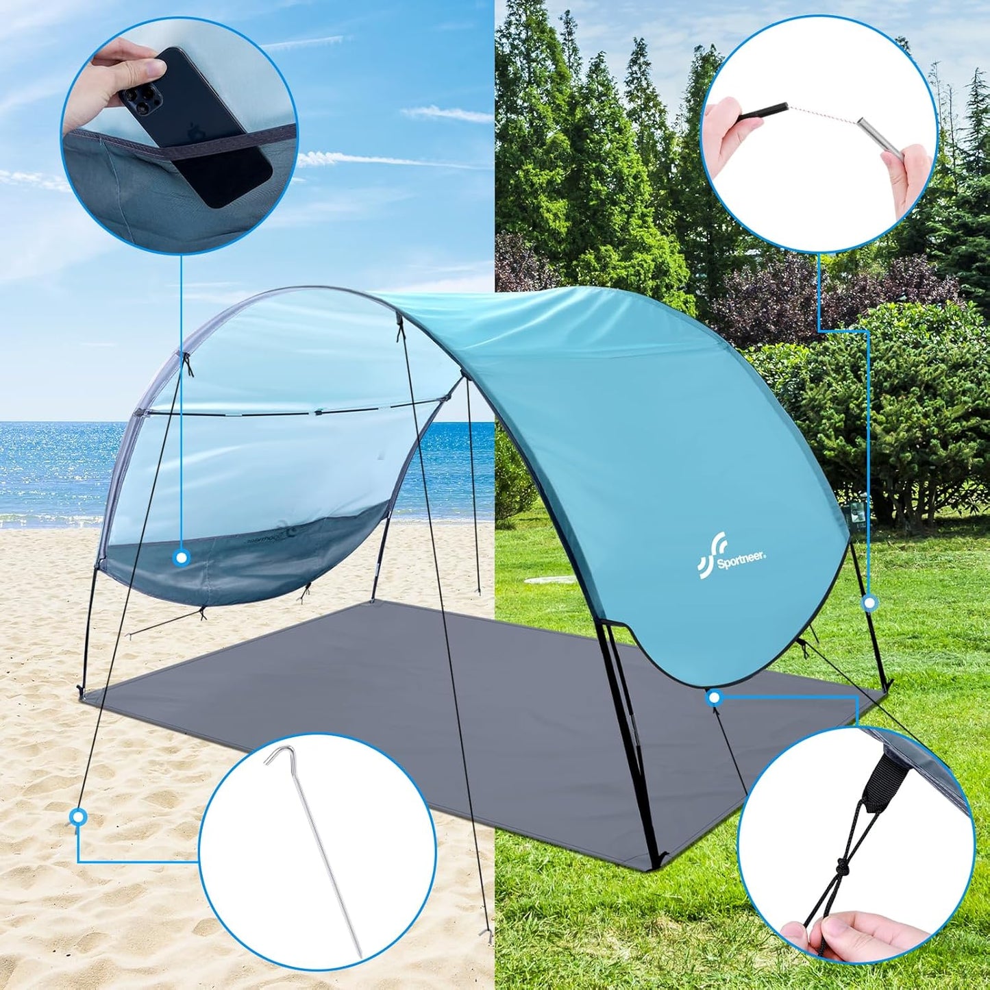 Sportneer Beach Tent Sun Shelter: UPF 50+ UV Protection Beach Canopy Tent Sun Shade for 2-3 Person, Easy Set Up Canopy with 8 Wind Ropes and 12 Ground Stakes, Size 96.5''x55.7''