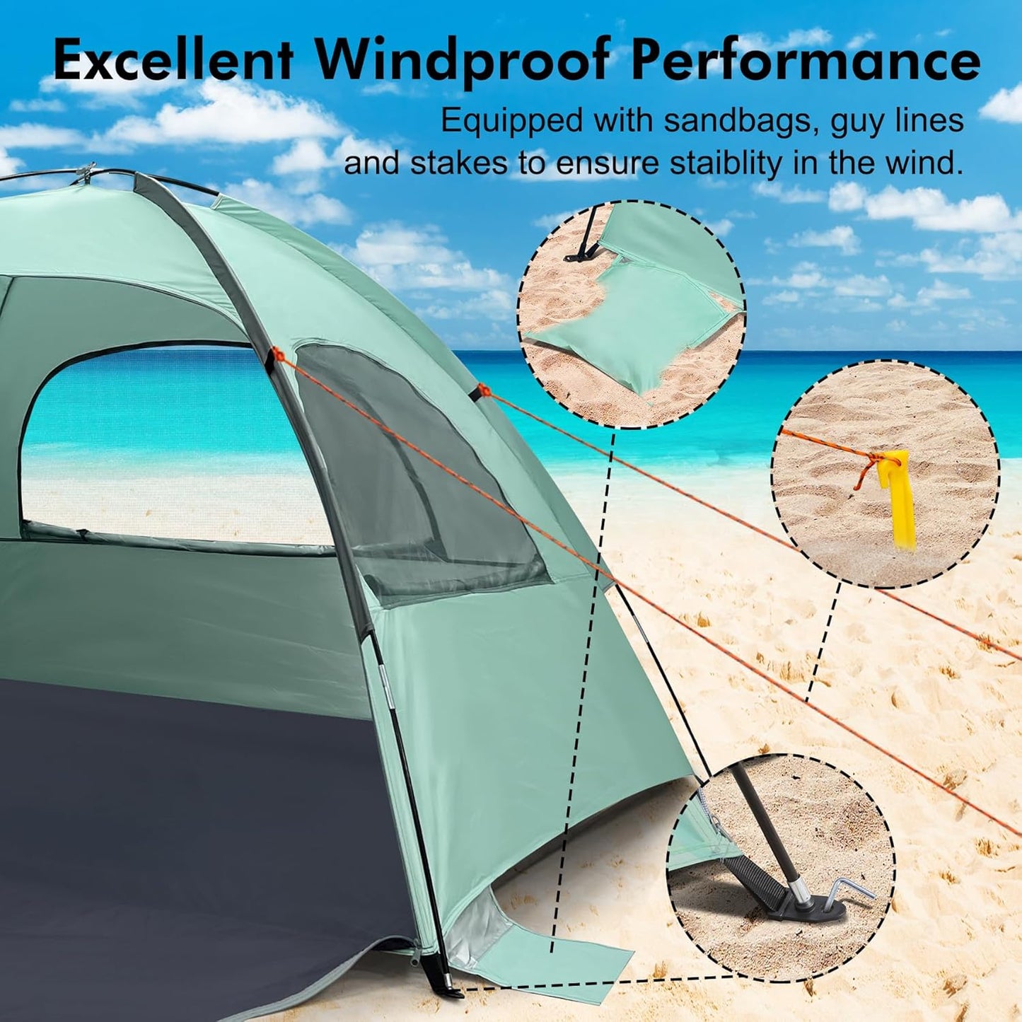 WhiteFang Beach Tent Anti-UV Portable Sun Shade Shelter for 3/4/6/8 Person, Extendable Floor with 3 Ventilating Mesh Windows Plus Carrying Bag, Stakes and Guy Lines
