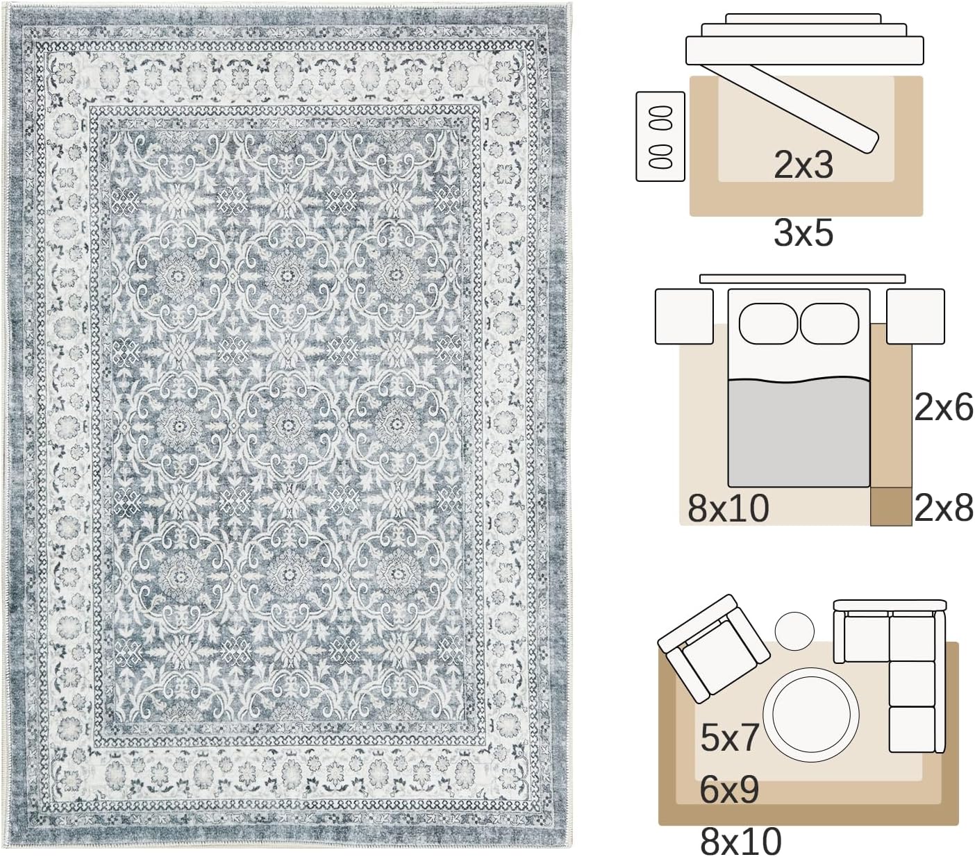 jinchan Floral Area Rugs 4x6 - Machine Washable Vintage Distressed Boho Design Throw Rug Stain Resistant Carpet Low Pile Ultra-Thin Non-Slip for Bedroom Living Room Dining Room Kitchen (4‘x6',Grey)