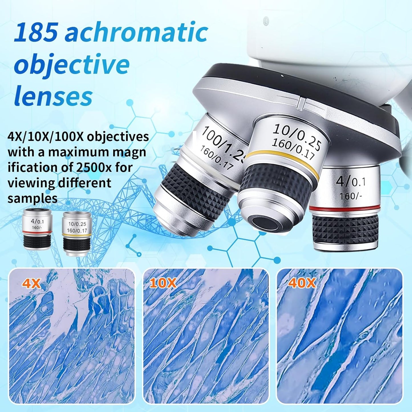 Microscope Magnification 40X-2500X WF10x and WF25x Eyepieces, Dual LED Illumination, Adult Microscope for Schools Home Labs Educational Use