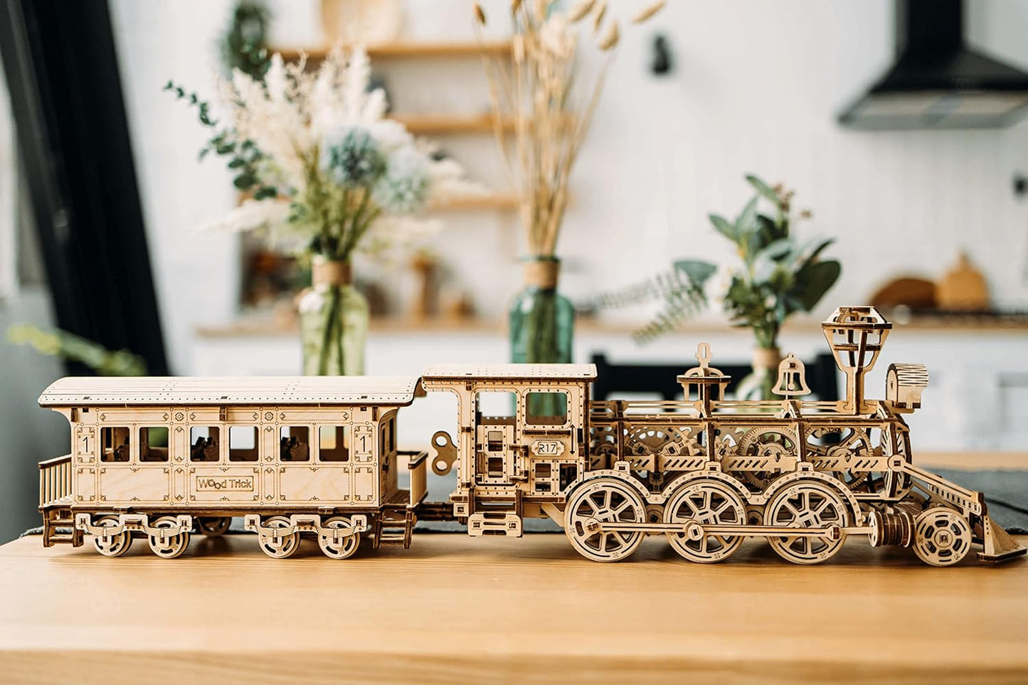 Wood Trick Wooden Toy Train Set with Railway - 34x7″ - Locomotive Train Toy Mechanical Model Kit - 3D Wooden Puzzles for Adults and Kids to Build - Engineering DIY Models for Adults to Build