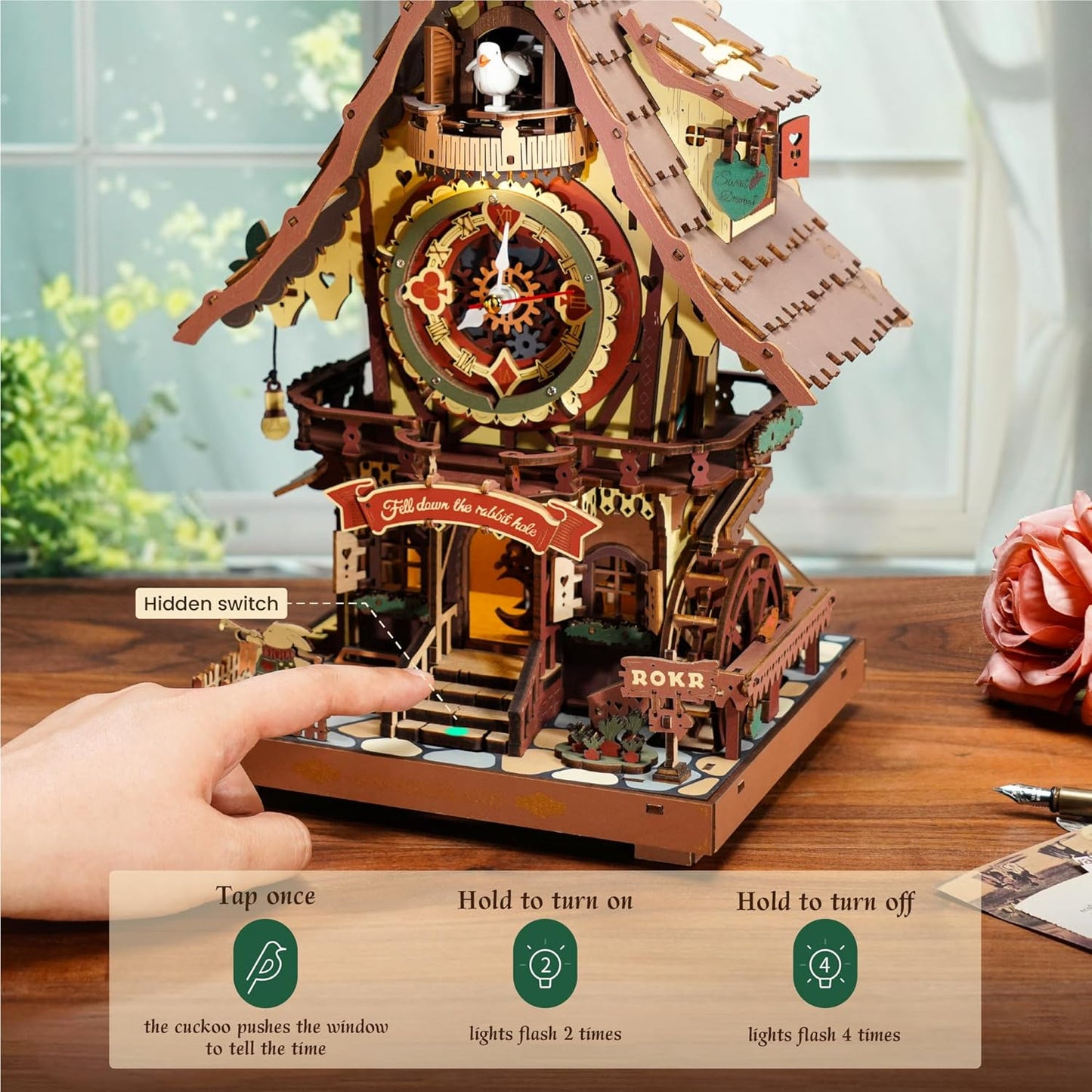 ROKR 3D Wooden Puzzles for Adults, Cuckoo Clock Model Kit, Room Home Decor DIY Watch Making Kit Functional Mechanical Building Toys, Hobbies Birthday Christmas Day Gifts for Men Women Kids 14+