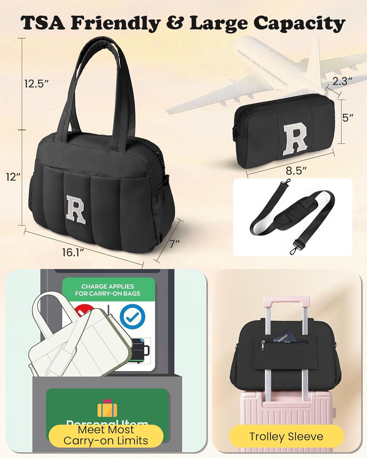 Women Duffle Bag with Initial, Personal Item Travel Bags，Gym Bag with Wet Pocket，Lightweight Travel Bags Personalized Tote with Makeup Pouch, Birthday Gifts for 13 14 15 16 17 Year Old Girls