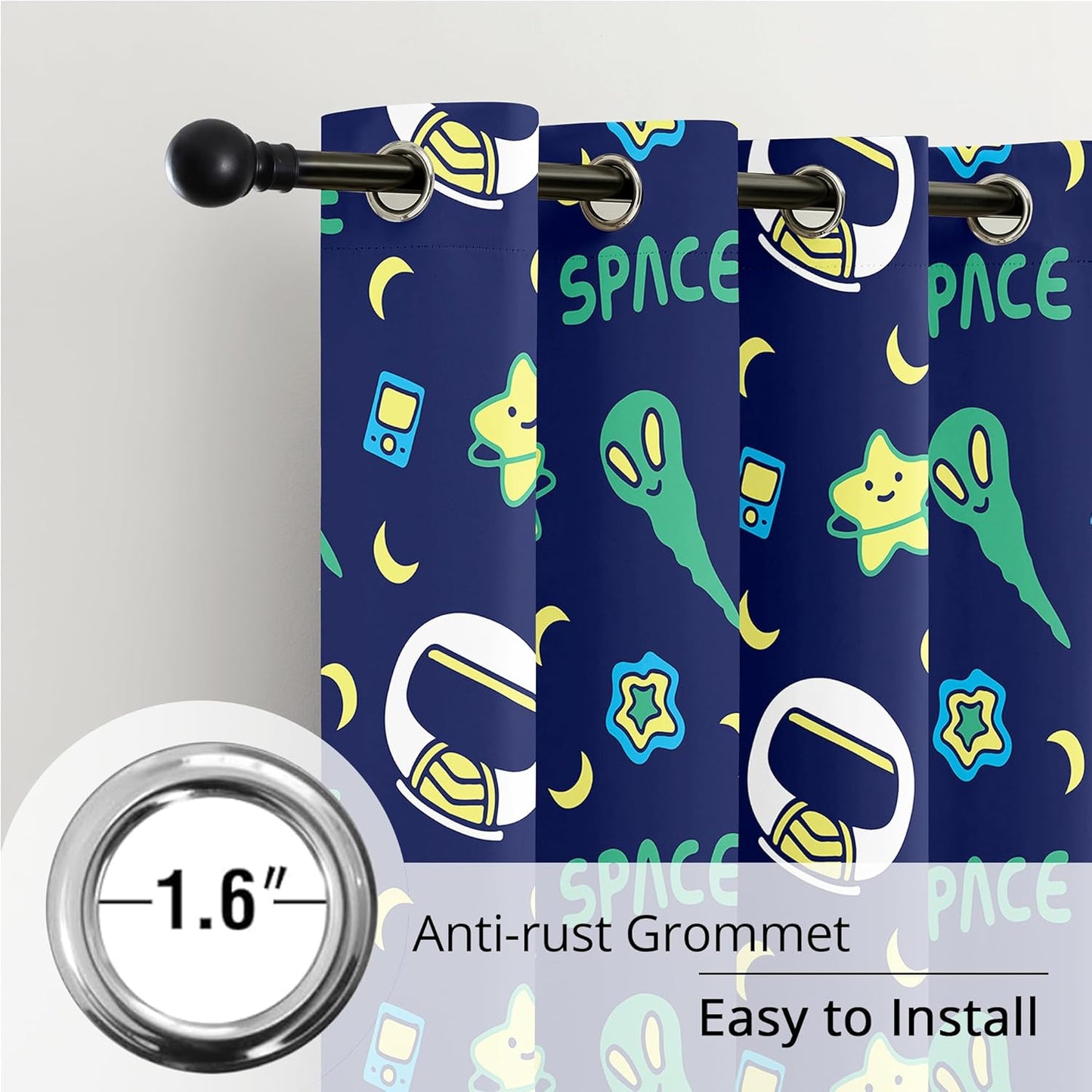 Kids Space Alien Blackout Curtains - 100% Blackout, Thermal Insulated, Noise Reducing, Perfect for Kids Room and Nursery, 2 Panels (Friendly Alien, W52×L84)
