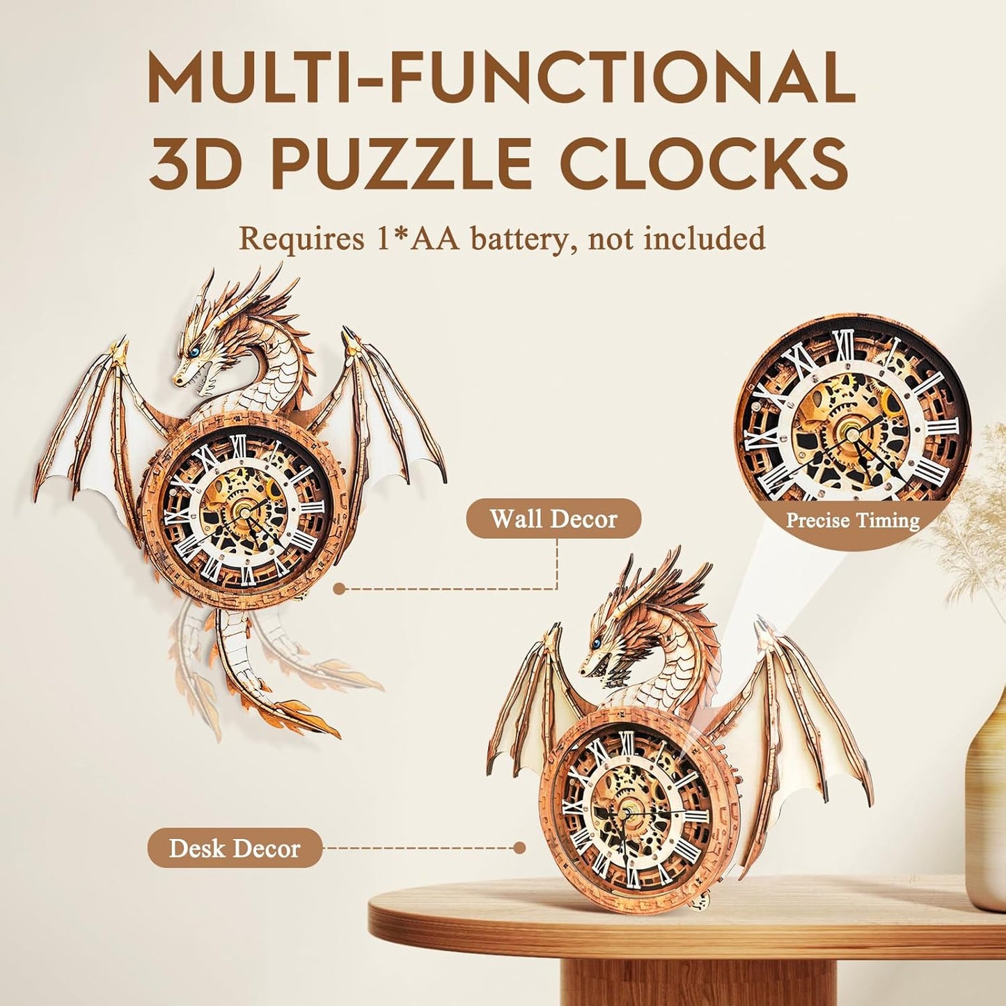3D Puzzle for Adults Clock-Dragon Design Model Kit-Mechanical DIY Pendulum Clock with Roman Numerals-Desk Office Home Decor Personalized Gift for DIY Lovers