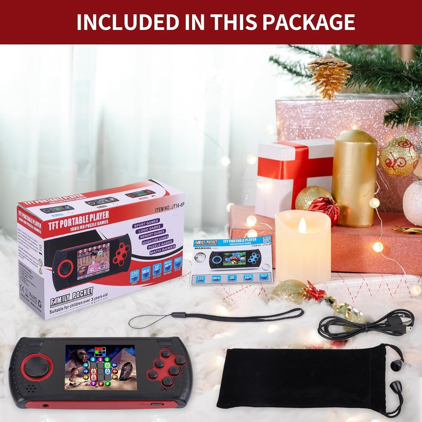 16 Bit Handheld Game for Kids Built-in 230 HD Classic Retro Video Games USB Rechargeable 3.0 Inch Childrens Travel Electronics Toys Portable Gaming Player System Gift for Boys Girls Ages 4-8-12