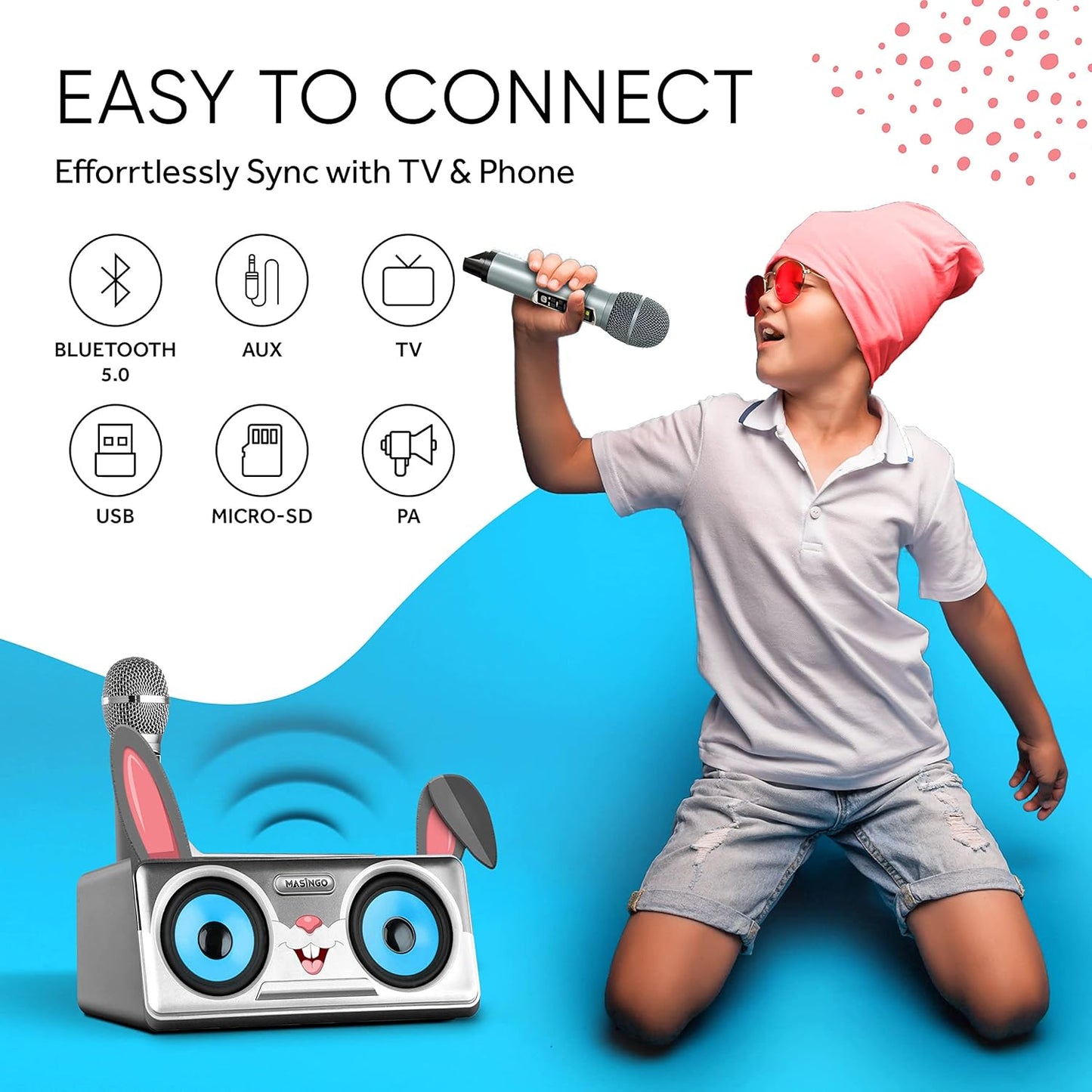 Rabbit Karaoke Machine for Kids, Children and Toddlers with 2 Wireless Bluetooth Microphones, Portable PA Speaker System Includes Lyrics Display Phone Holder, TV Cable and Singer Vocal Removal Mode