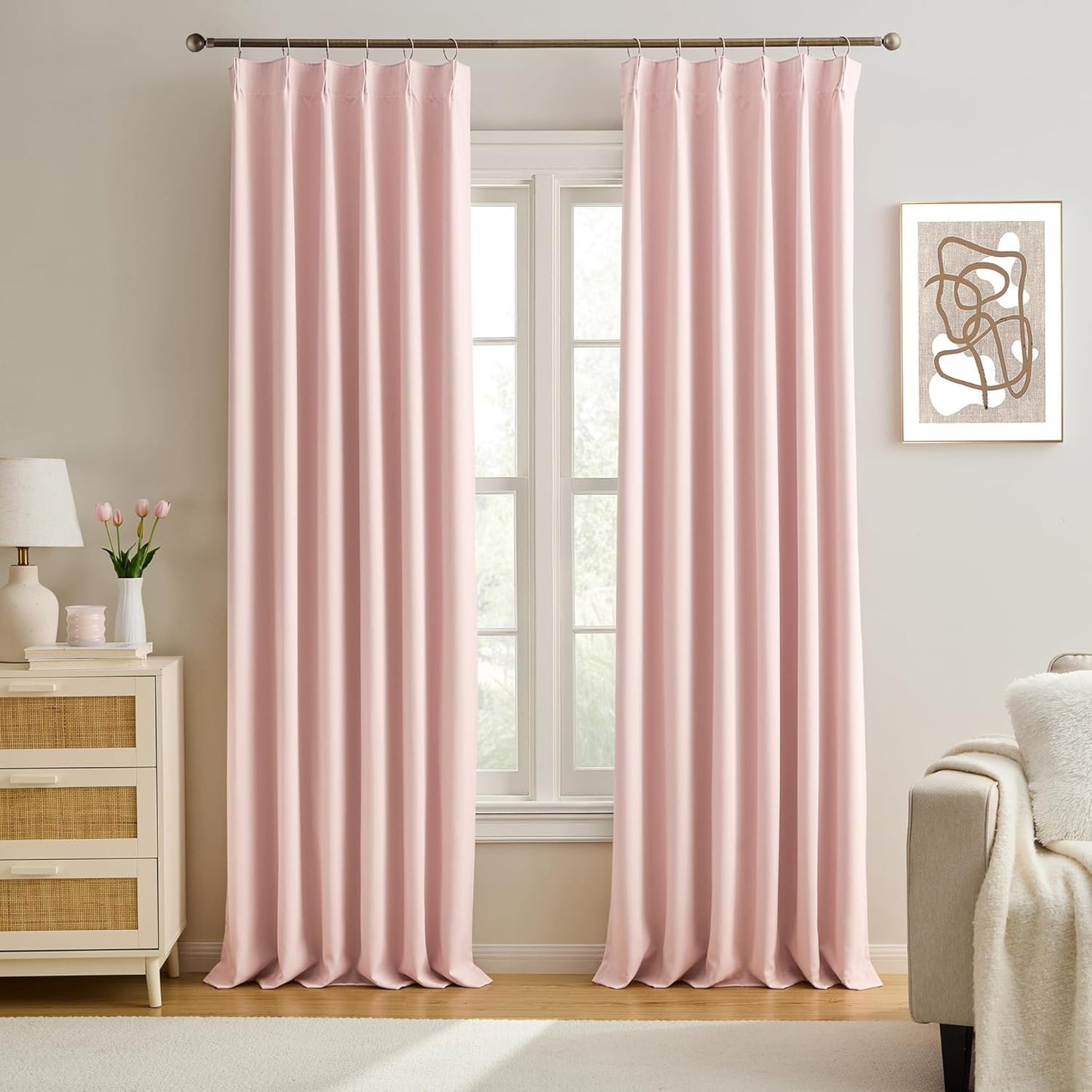 KEQIAOSUOCAI Pinch Pleated Curtains 108 Inches Long, Energy Saving Window Treatment Privacy Drapery for Living Room, Vertical Track System Elegant Hook Panels(Baby Pink, 2 Pieces, W40 x L108)