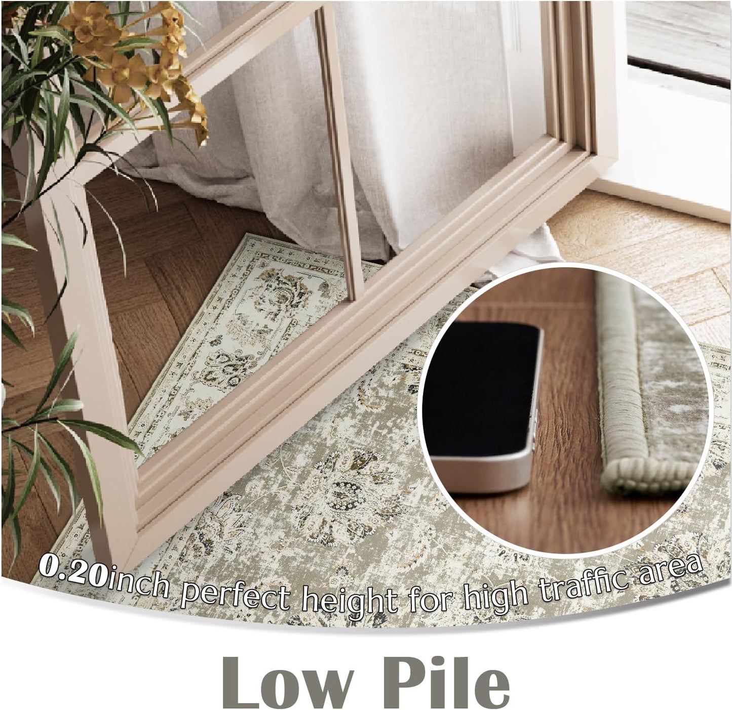 jinchan Hallway Runner Rug 3x8 Washable Runner - Vintage Floral Non Slip Low-Pile Soft Thin Faux Wool Kitchen Rug Distressed Carpet for Farmhouse Bedroom Laundry Room(3x8ft,Taupe)