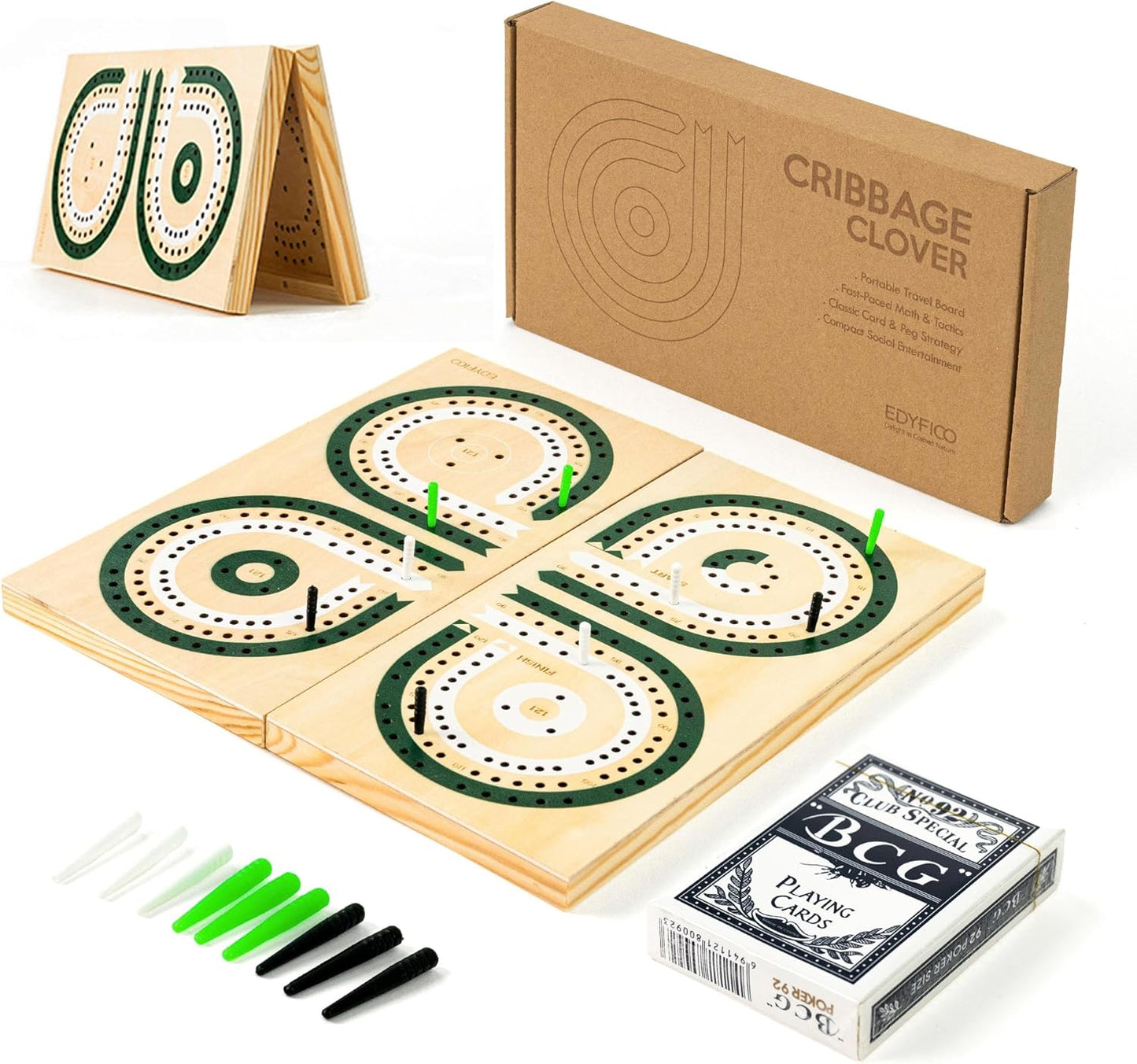 Foldable Wooden Cribbage Board Set, Unique 3-Track Travel Board with Storage & Magnetic Closure, 9 Multi-Colored Pegs, Full Playing Card Deck, Portable Family Game for Adults, Kids, Gatherings & Gifts