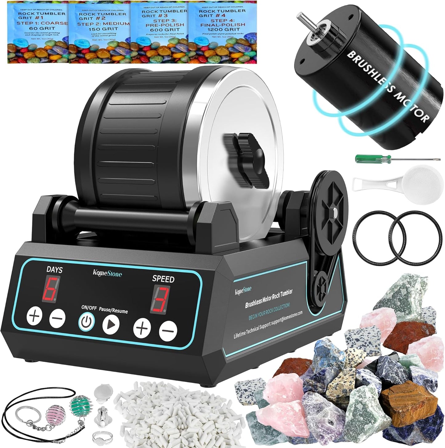 K1 Pro Professional Cutting-Edge Brushless Motor Advanced Rock Tumbler Polisher Kit, Extra Large 2.5Lb Barrel with 3-Speed Motor 9-Day Timer, Belts, Rough Gemstones, 4 Polishing Grits etc.