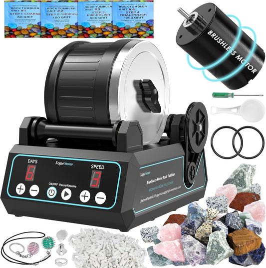 K1 Pro Professional Cutting-Edge Brushless Motor Advanced Rock Tumbler Polisher Kit, Extra Large 2.5Lb Barrel with 3-Speed Motor 9-Day Timer, Belts, Rough Gemstones, 4 Polishing Grits etc.