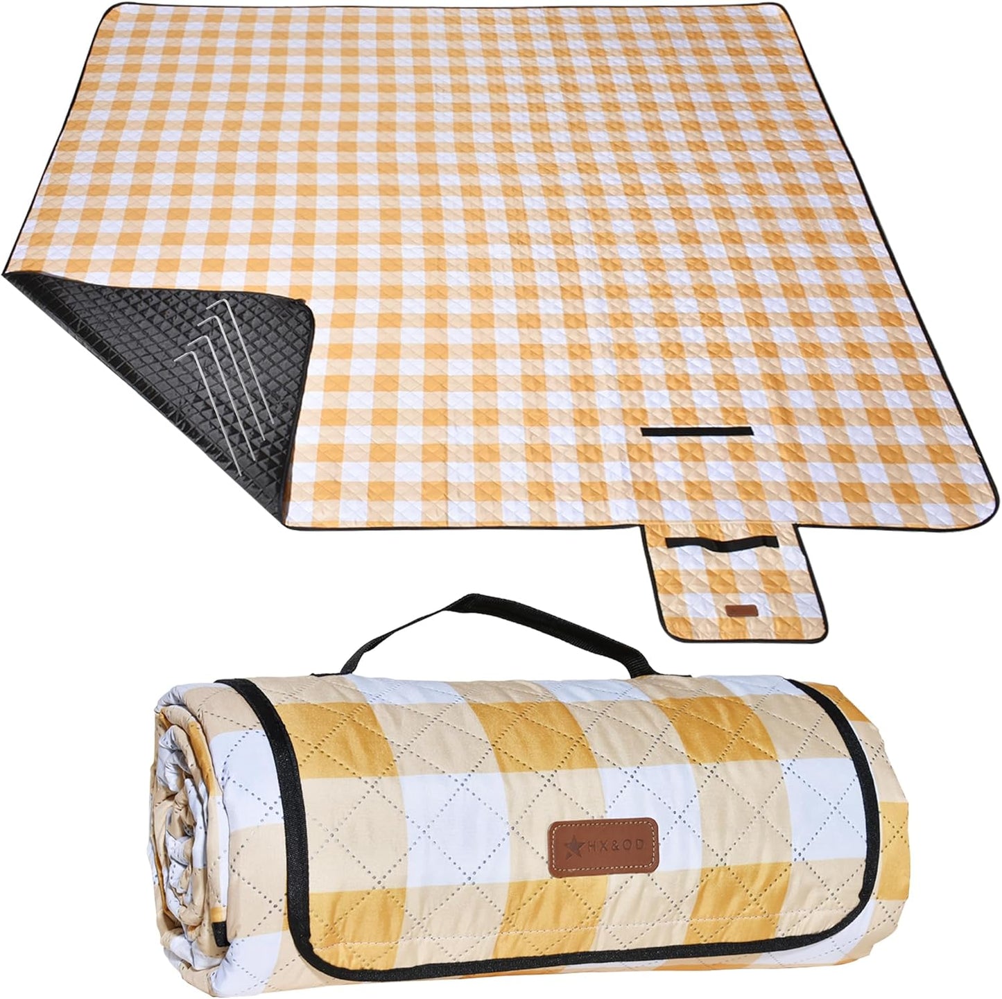 HX&OD Outdoor Picnic Blanket, Extra Large, 80''x60'' Waterproof Foldable Blankets Gingham Picnic Mat for Beach, Camping Grass Lawn Park Accessories Cute Couple Ideas Wedding (Yellow, 80”x60”)