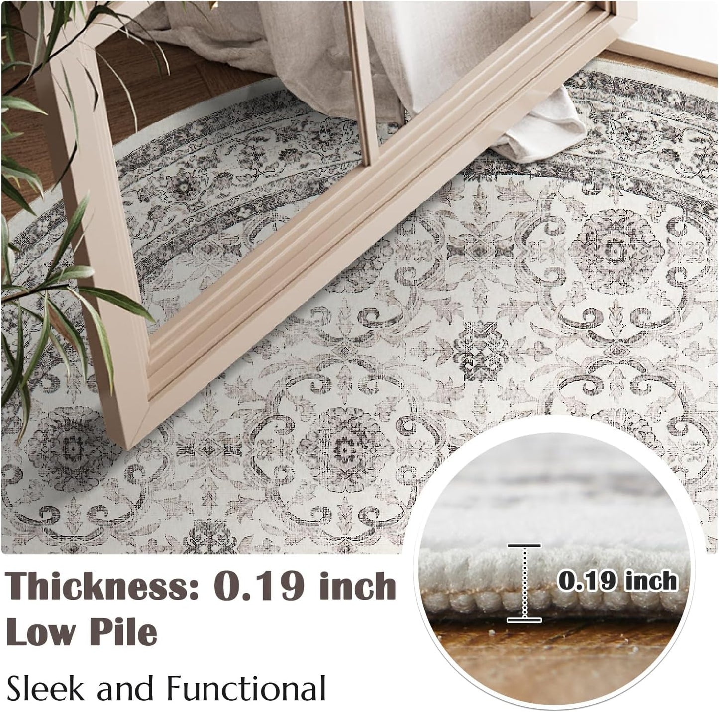 jinchan Round Rug 6ft Washable Circle Soft Rug - Low Pile Vintage 6'Round Indoor Beige Floral Print Stain Resistant Boho Carpet Ultra-Thin Non-Slip for Living Room Nursery Bedroom Dining Room Kitchen