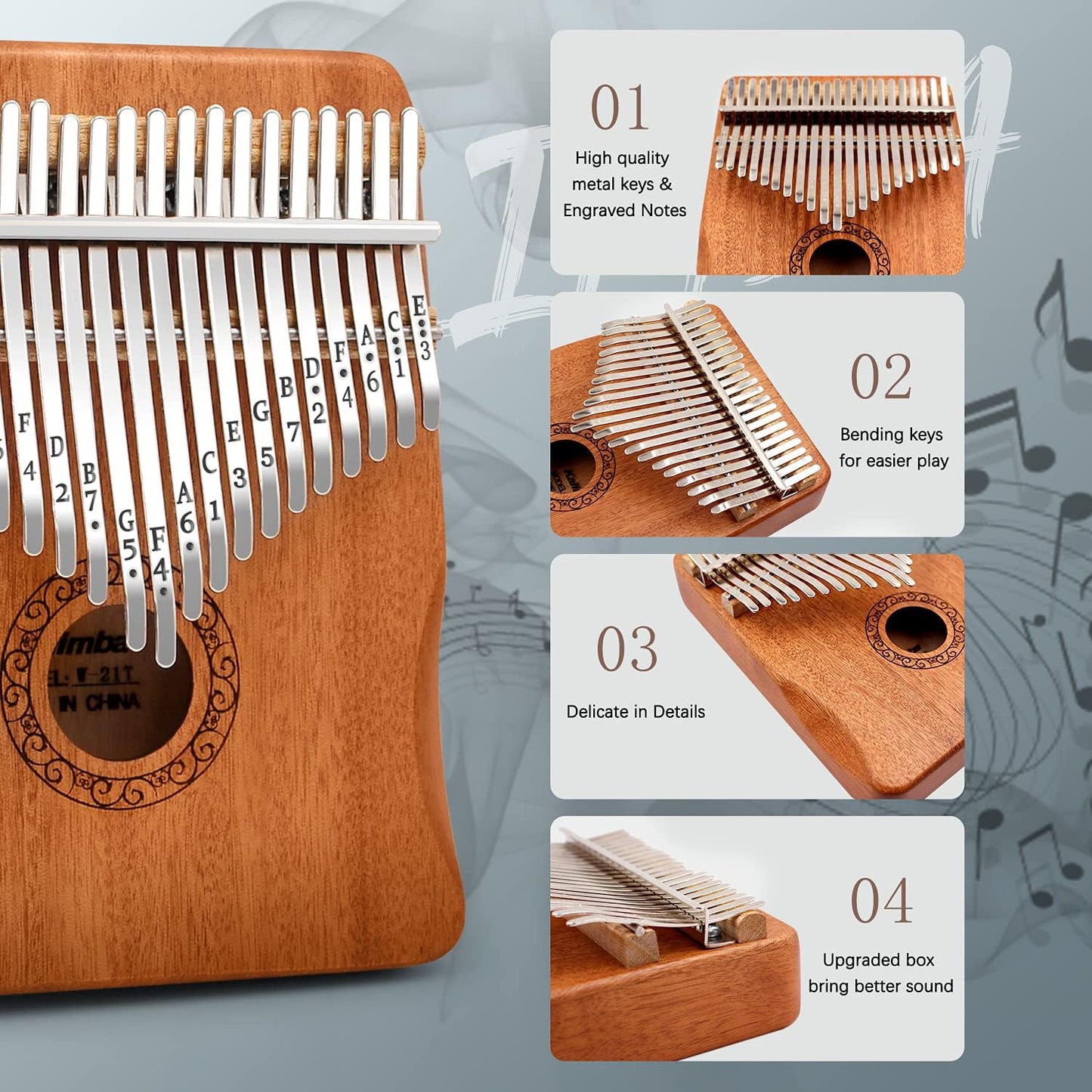 Kalimba Thumb Piano,YUNDIE Portable 21 Keys Mbira Finger Piano with Tune Hammer and Study Instruction,Musical Instruments Gift for Kid Adult Beginners Professional(Brown)
