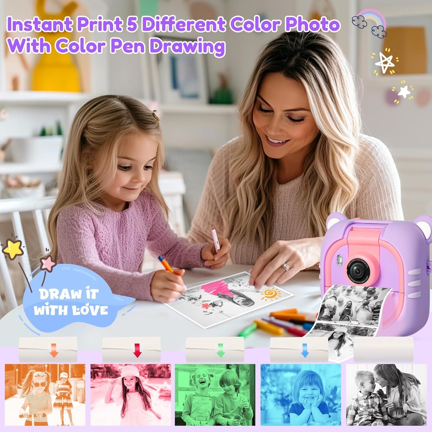 Kids Camera Instant Print, 7 Print Paper (4 Color: O/R/G/B+3 B&W), 2.4" Screen Instant Camera for Kids Ages 3-12,1080P, 180°Flip Lens,32GB Card- Christmas Birthday Present for Boys & Girls,M2