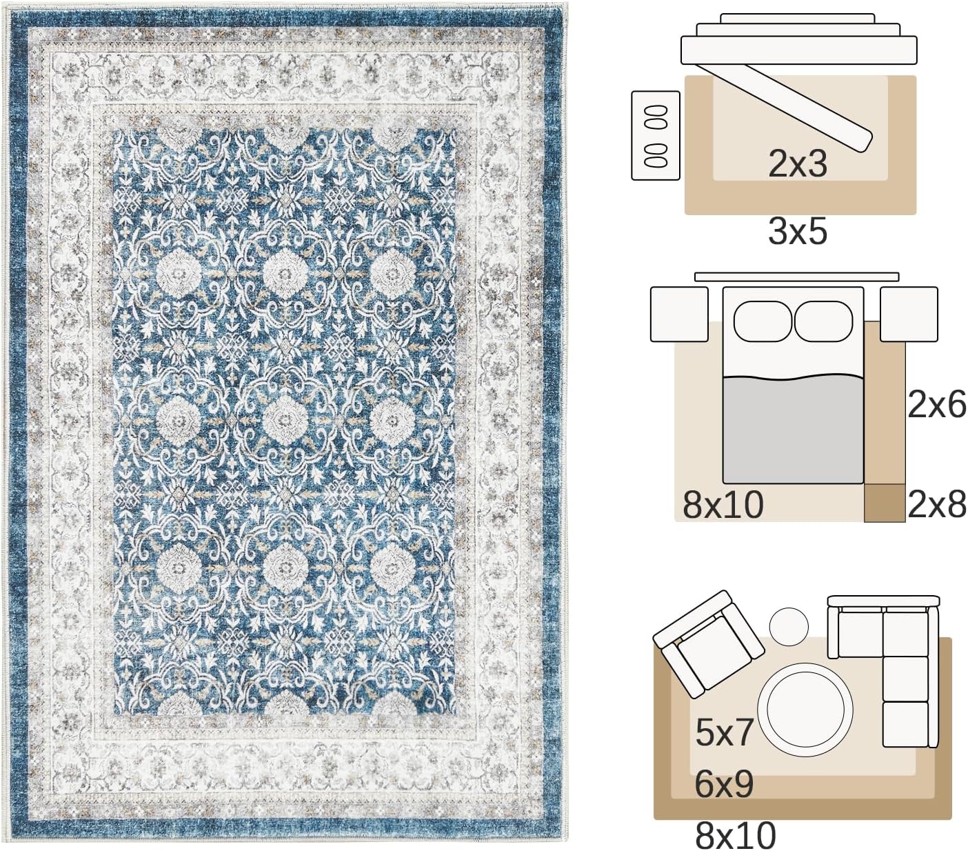 jinchan Floral 8x10 Area Rugs for Living Room Machine Washable Vintage Distressed Boho Design Throw Rug Stain Resistant Carpet Low-Pile Thin Non-Slip for Bedroom Dining Room Nursery (8‘x10',Dark Blue)