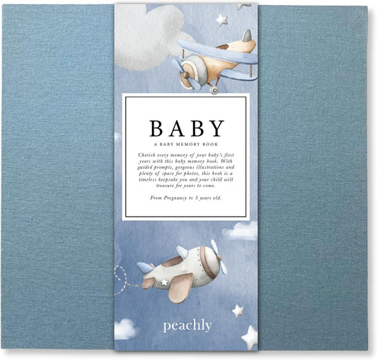 Peachly Baby Boy Memory Book - Baby Book for Boy - Baby First Year Keepsake Journal - Simple Scrapbook for Milestones - Finn (Blue)