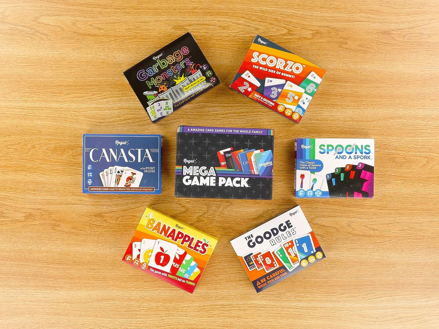 Regal Games Fun Card Games Set for Adults - Canasta, Spoons and a Spork, Garbage Monsters, ScorZo, The Goodge Rules, and Banapples Decks - Fun & Travel Playing Cards for Family Game Night