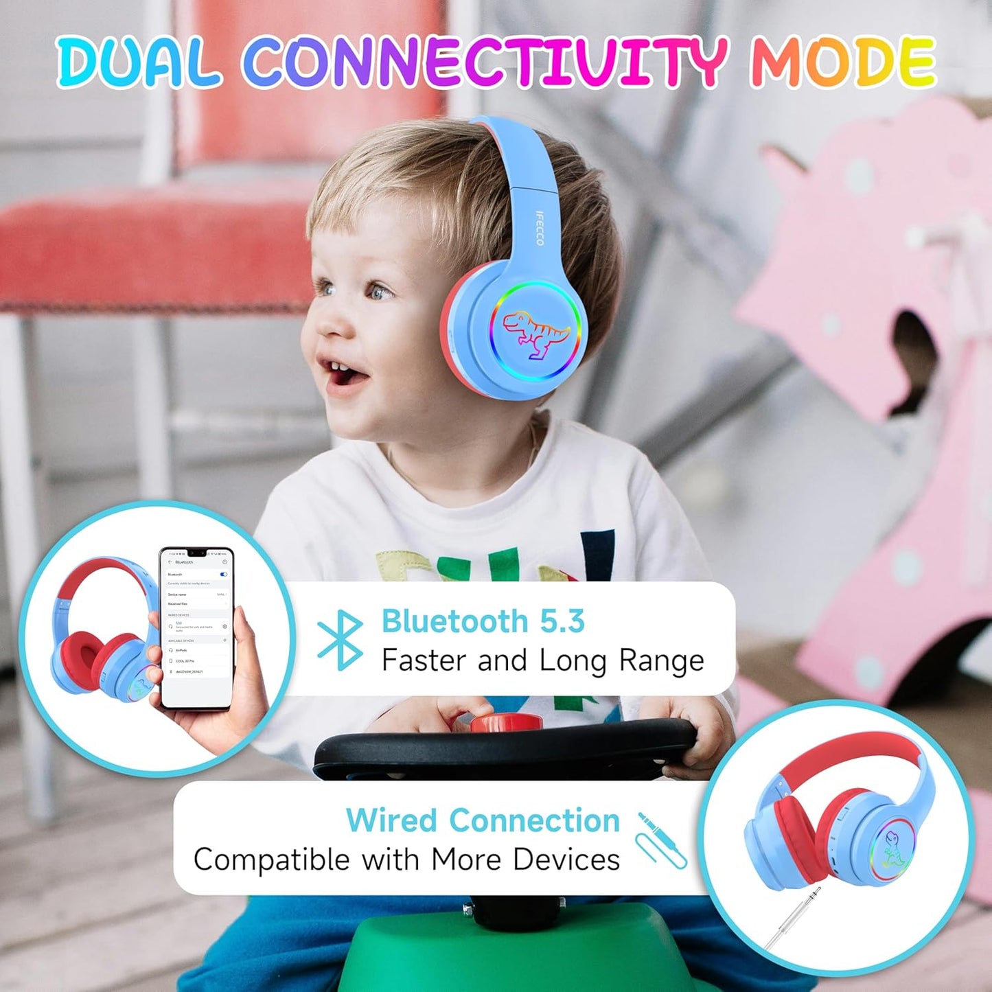 IFECCO Bluetooth Kids Boys Headphones with Microphone,Cute Light Up Dinosaur Children Wireless Headphones Volume-limiting for School Travel,Boys Gifts for 3-12years