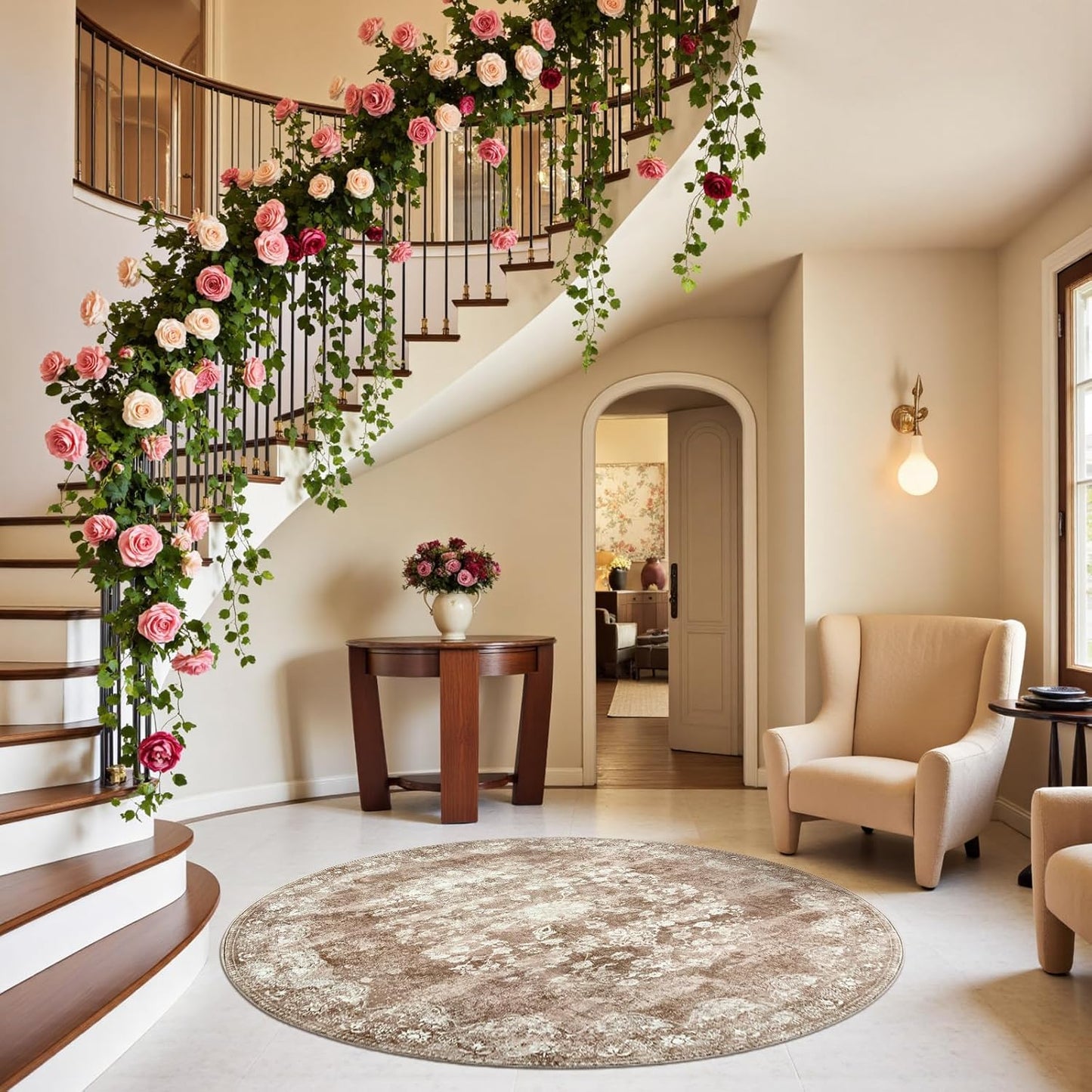 jinchan Round Rug 5ft Area Rug - Brown Vintage Floor Mat Kitchen Indoor - Washable Circle 5' Thin Floral Print Carpet Retro Farmhouse Non Slip Dining Room Living Room Bedroom Office