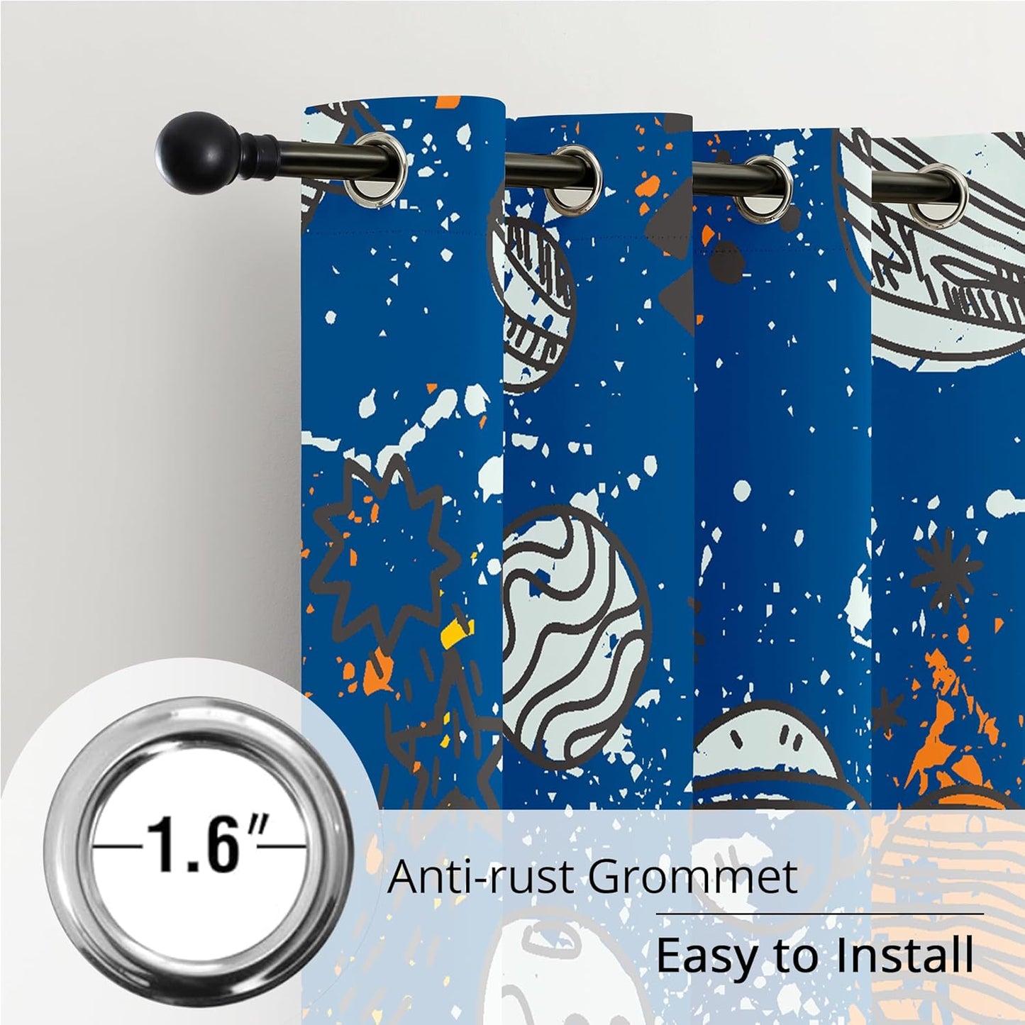 Kids Space Planet Blackout Curtains - 100% Blackout, Thermal Insulated, Noise Reducing, Perfect for Kids Room and Nursery, 2 Panels (Space-is-Great, W52×L63)