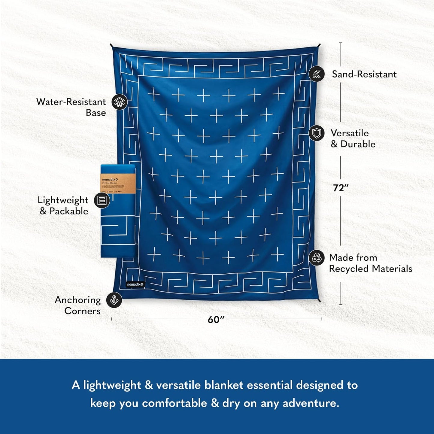 Nomadix Festival Blanket - Perfect for Picnics, Camping, & Lawn Seating - Plush Top & Water Resistant Base - Made with Post Consumer Recycled Materials - Barton Blue - 60x70