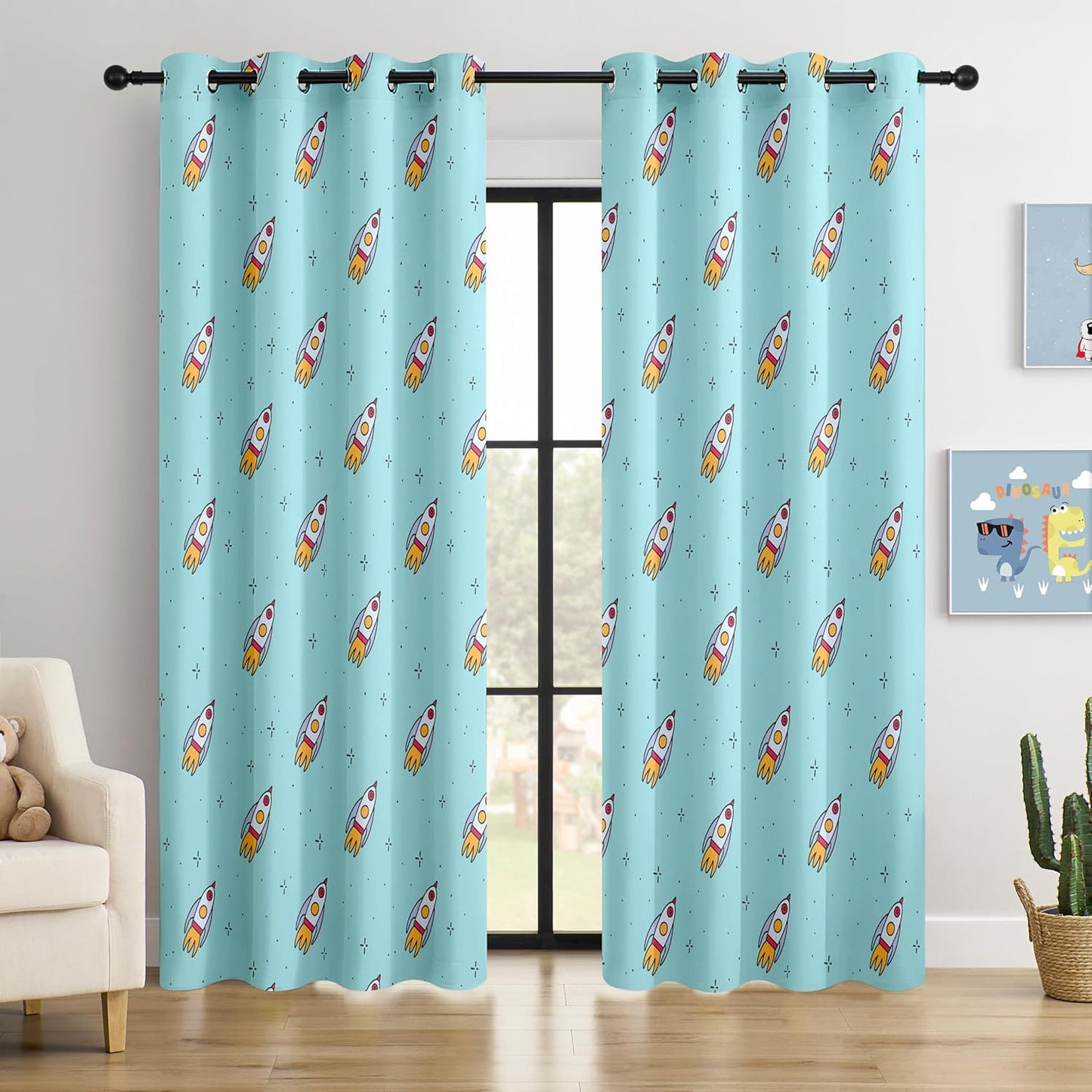 Kids Space Rockets Blackout Curtains - 100% Blackout, Thermal Insulated, Noise Reducing, Perfect for Kids Room and Nursery, 2 Panels (Aqua Mini Rockets, W52×L84)