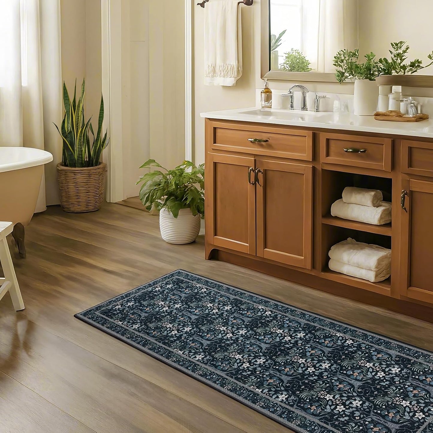 Joydeco Floral Washable Runner Rug for Kitchen, Forest Hallway Rug Runner 2x6 Non Slip, Boho Botanical Ultra-Thin Soft Indoor Floor Throw Carpet for Bathroom Entryway Foyer, Blue-Black