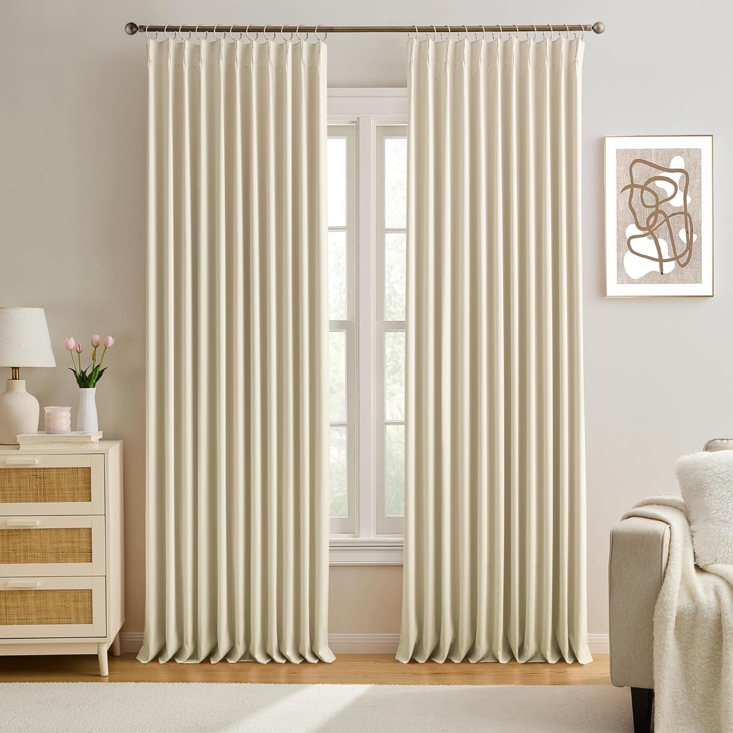 KEQIAOSUOCAI Cream Beige Blackout Curtains 105 Inches Long, Privacy Window Drapes for Living Room/Dining Room/Bedroom, 72 Inch Wide x 105 Inch Long, Pinch Pleat with Hooks, 2 Panels