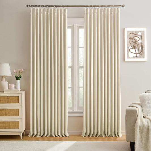 KEQIAOSUOCAI Cream Beige Blackout Curtains 100 Inches Long, Vertical Draft Privacy Window Drapes for Living Room/Dining Room/Bedroom, 72 Inch Wide x 100 Inch Long, Pinch Pleat with Hooks, 2 Panels