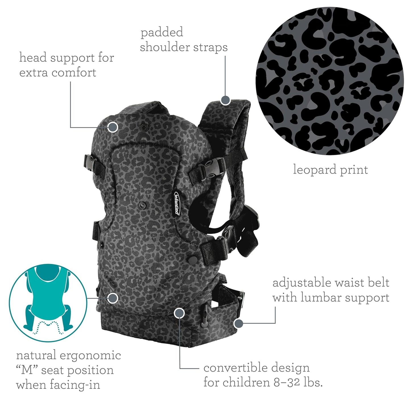 Infantino Flip Advanced 4-in-1 Baby Carrier - Ergonomic, Convertible, Face-in and Face-Out Front and Back Baby Carrier for Newborn to Toddler 8-32 lbs, Black & Gray Leopard