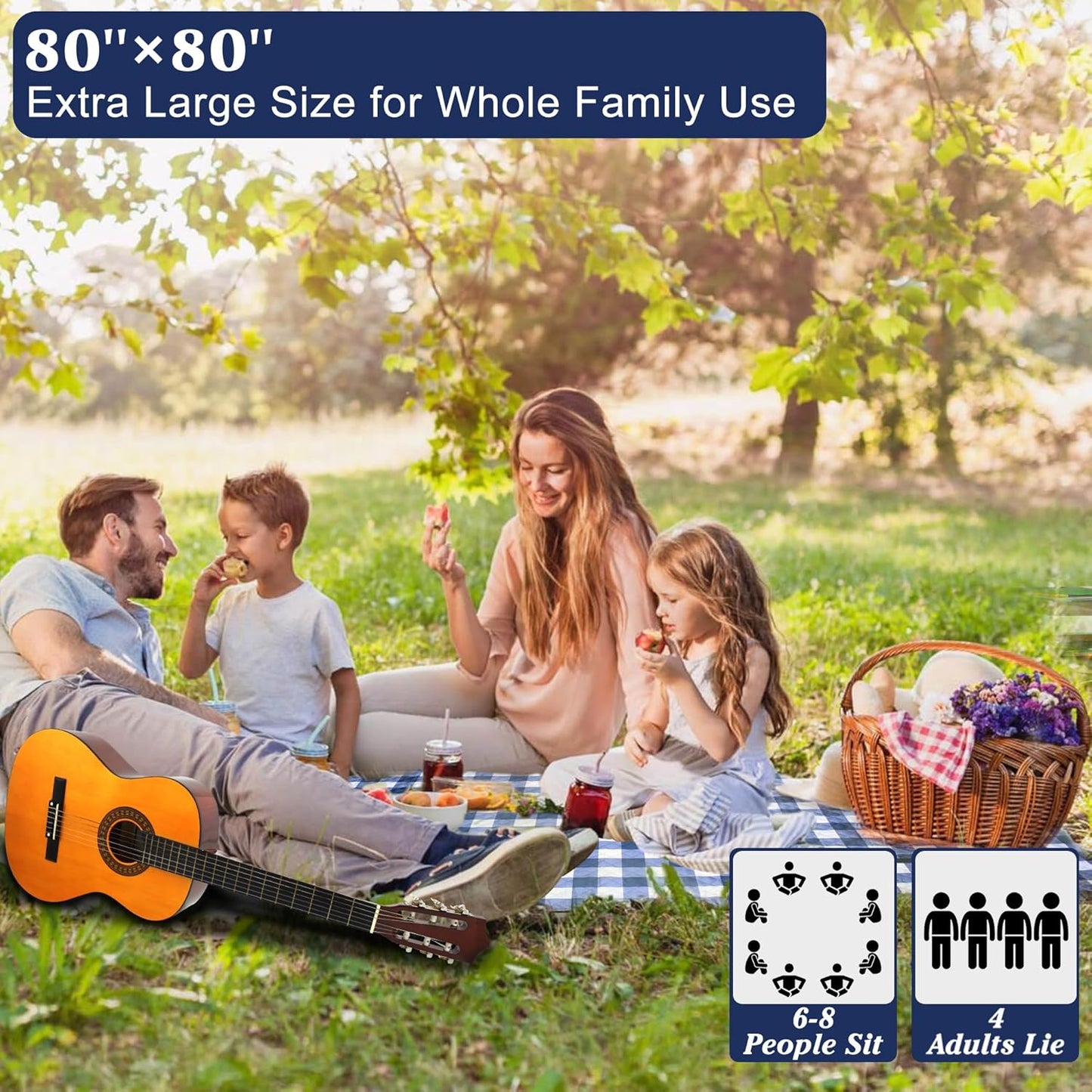 HX&OD Outdoor Picnic Blanket, Extra Large, 80''x80'' Waterproof Foldable Blankets Gingham Picnic Mat for Beach, Camping Grass Lawn Park Accessories Cute Couple Ideas Wedding (Blue, 80”x80”)