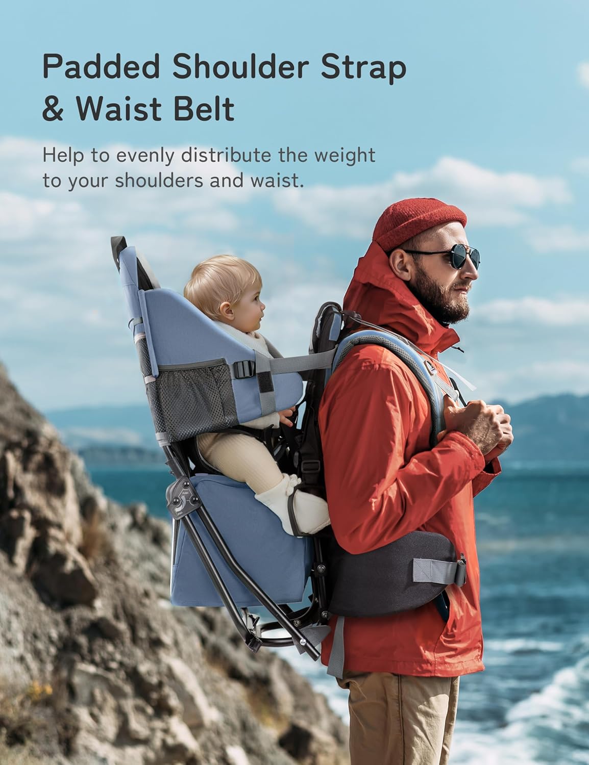 besrey Baby Backpack Carrier, Toddler Hiking Backpack with Safety 3-Height Seat, Adjustable Straps&Waist Belt, Foldable Frame Lightweight Large Capacity Child Carrier for Hiking (Haze Blue)