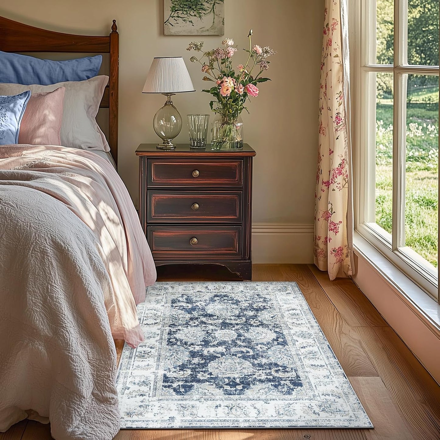 jinchan Floral 3x5 Area Rugs for Entryway - Machine Washable Taupe Vintage Distressed Design Doormat Non-Slip Ultra-Thin Low Pile Boho Rug for Kitchen Living Room Bedroom Farmhouse (3‘x5',Dark Blue)