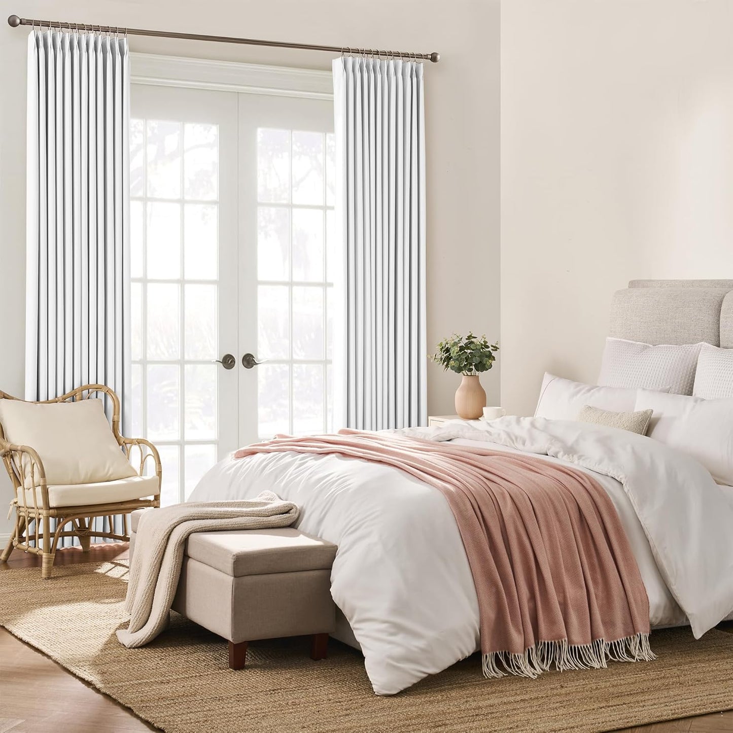 KEQIAOSUOCAI Pleated White Curtains 72 Inches Long for Bedroom,Half Blackout Room Darkening Memory Shape Window Curtain 72 Inch Length 2 Panel Set,Pinch Pleated Drapes with Hooks,40 by 72,Set of 2