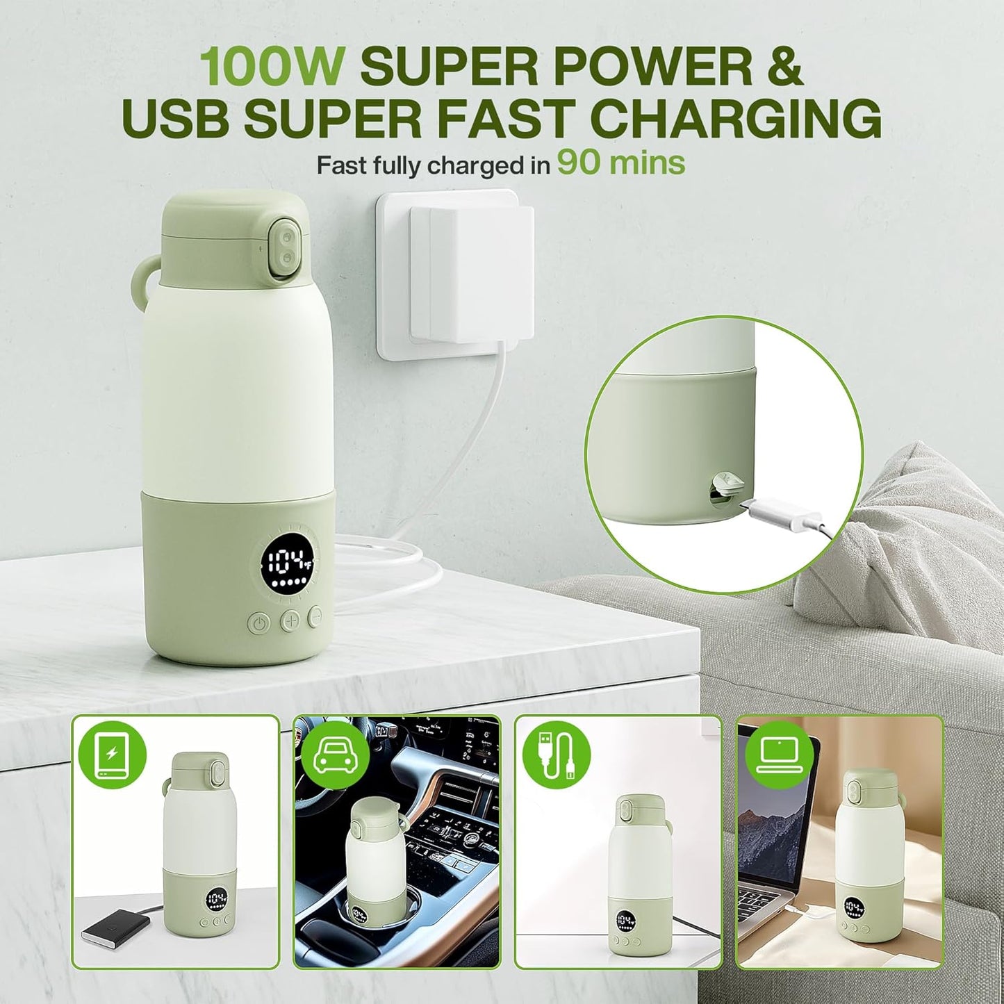 Portable Bottle Warmer for Travel, 2-Min Fast Heating Baby Bottle Warmer,12.8oz Formula Container to Go for Breastmilk, Formula Dispenser with Long-Lasting Keep Warm Function