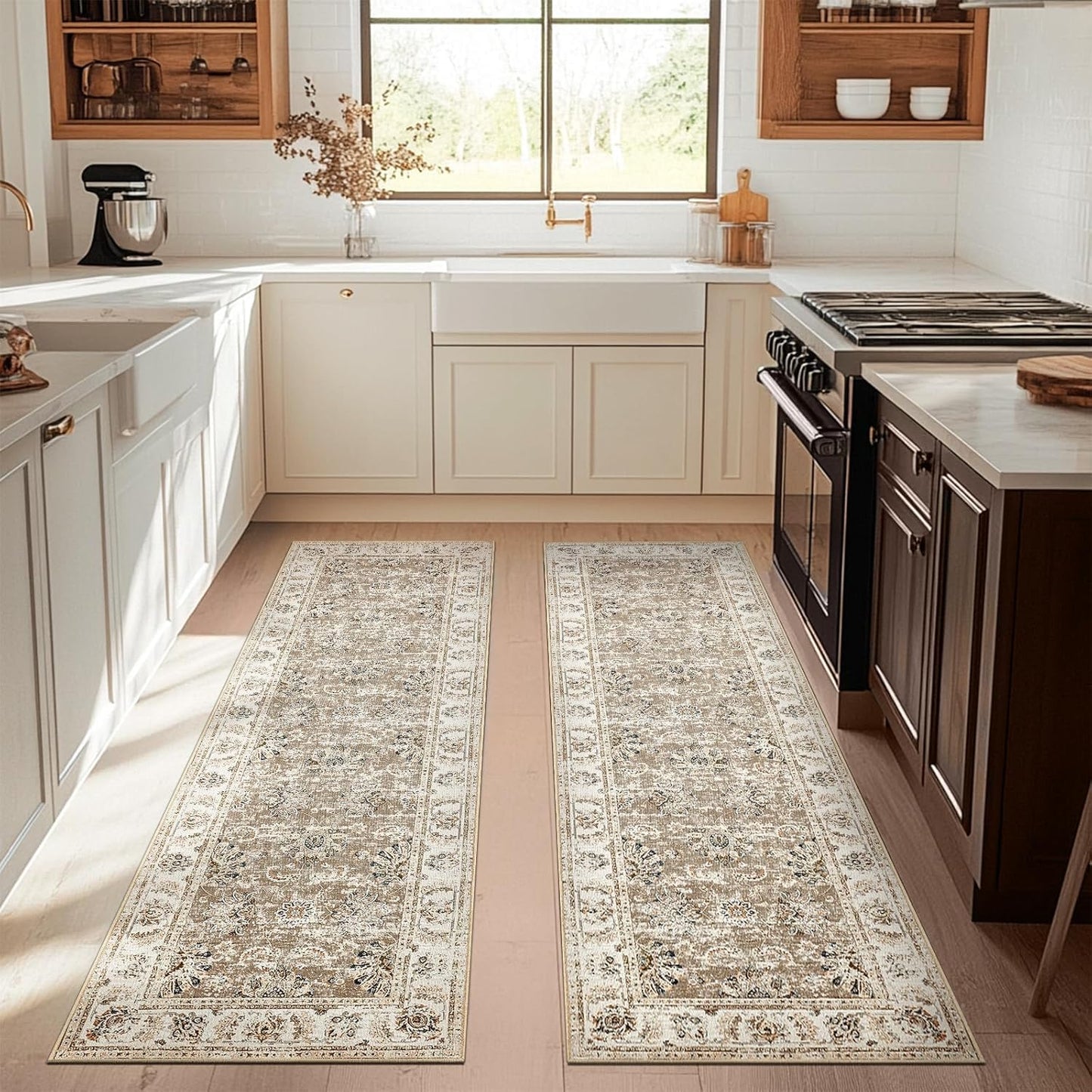jinchan Runner Rug 3x8-2pcs Kitchen Washable Vintage Hallway Rug Floral Print Floor Cover Indoor Thin Retro Mat Accent for Bathroom Laundry Room Bedroom Office Farmhouse (Double,Taupe)